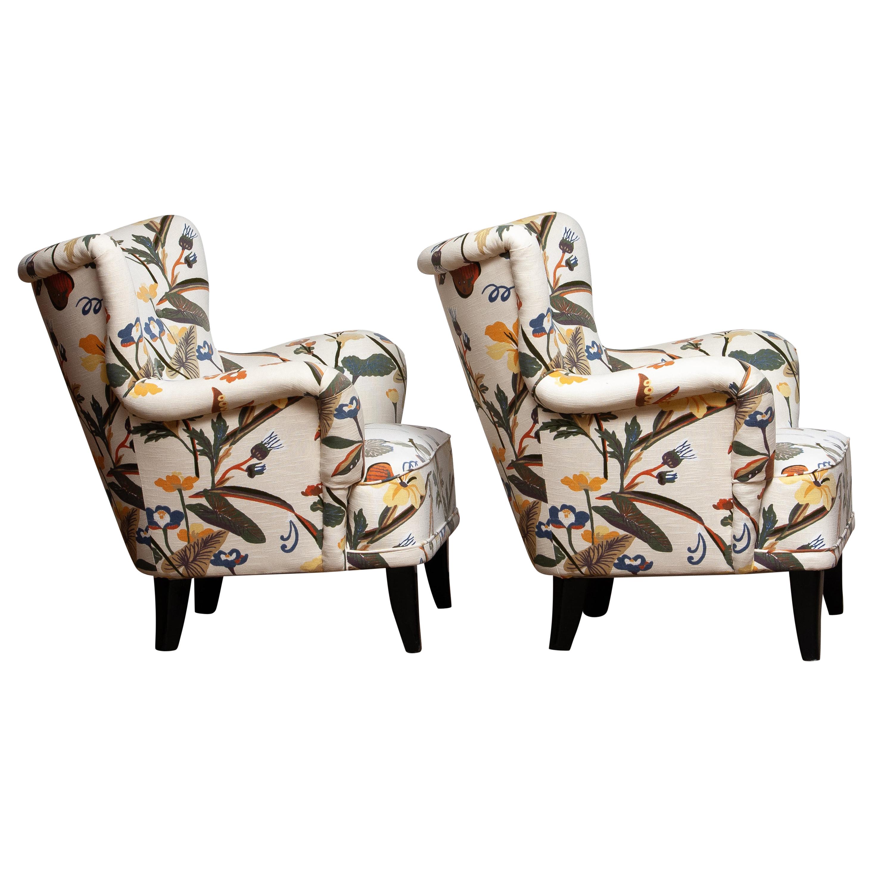 Pair Lounge / Easy Chairs by Ilmari Lappalainen For Asko with Josef Frank Fabric
