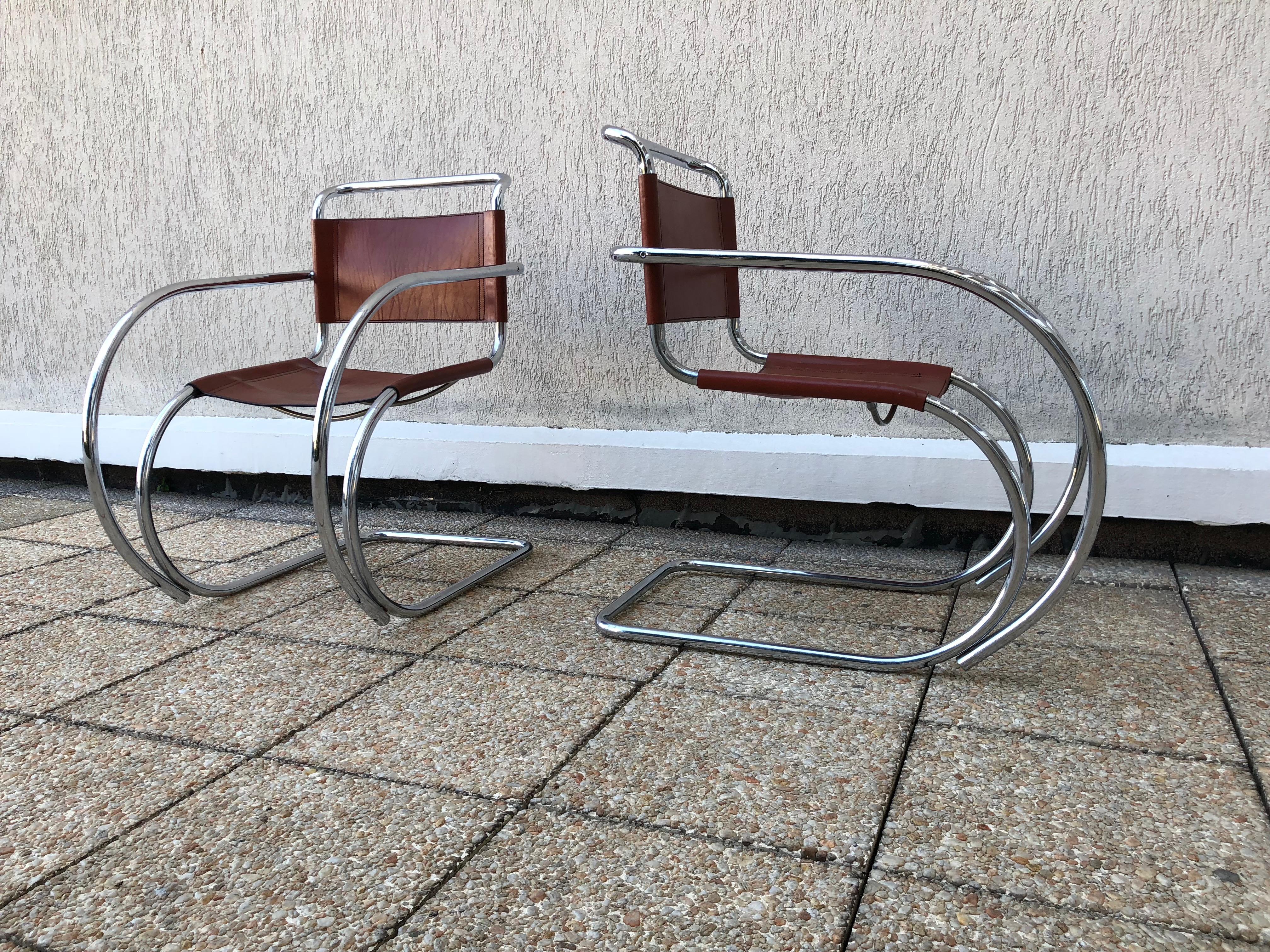 Leather Set of Two Lounge MR20 Mies van der Rohe Chairs, 1960s For Sale