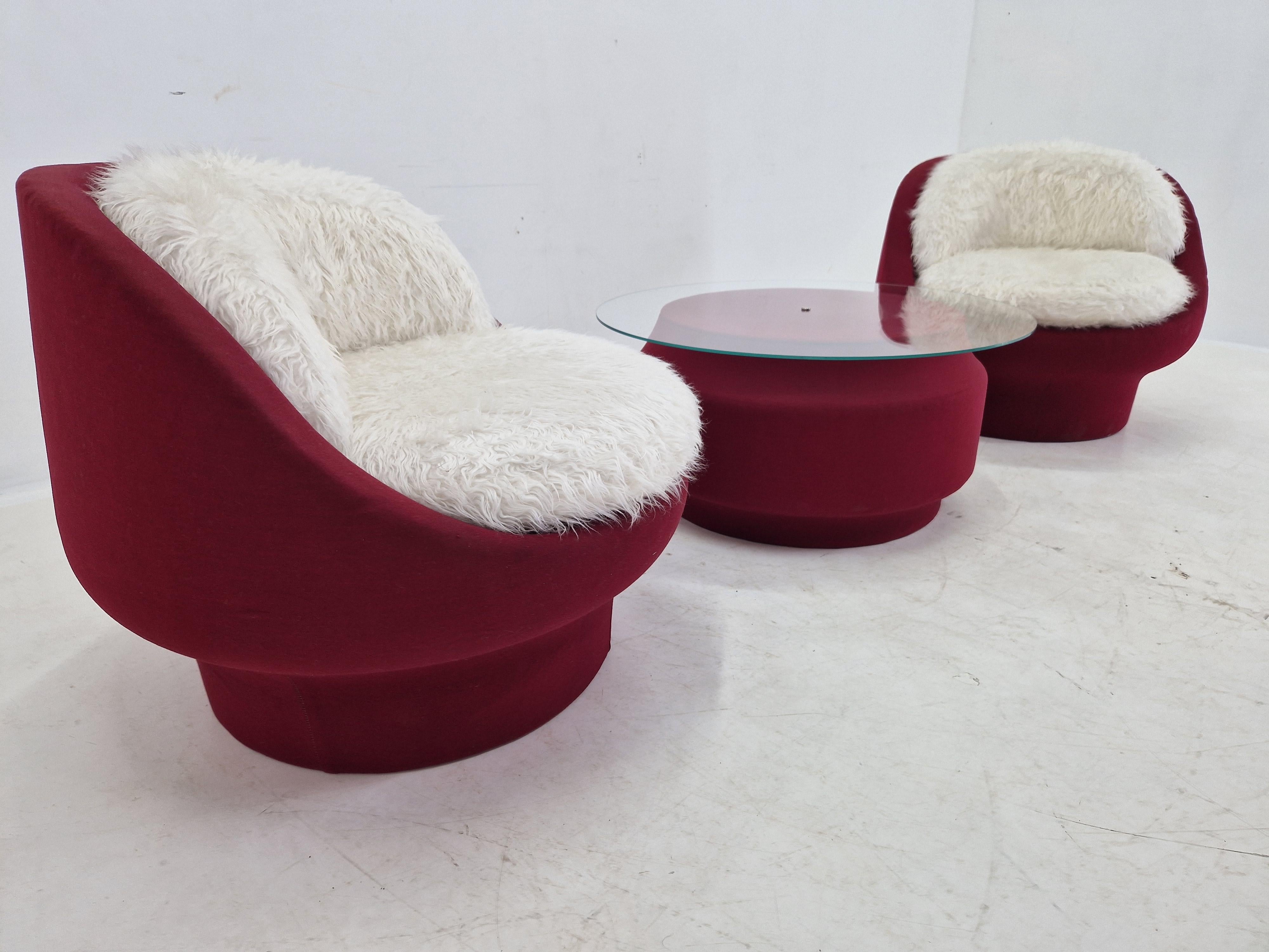 Fabric Set of Two Lounge or Club Chairs and Coffee Table, France, 1970s For Sale