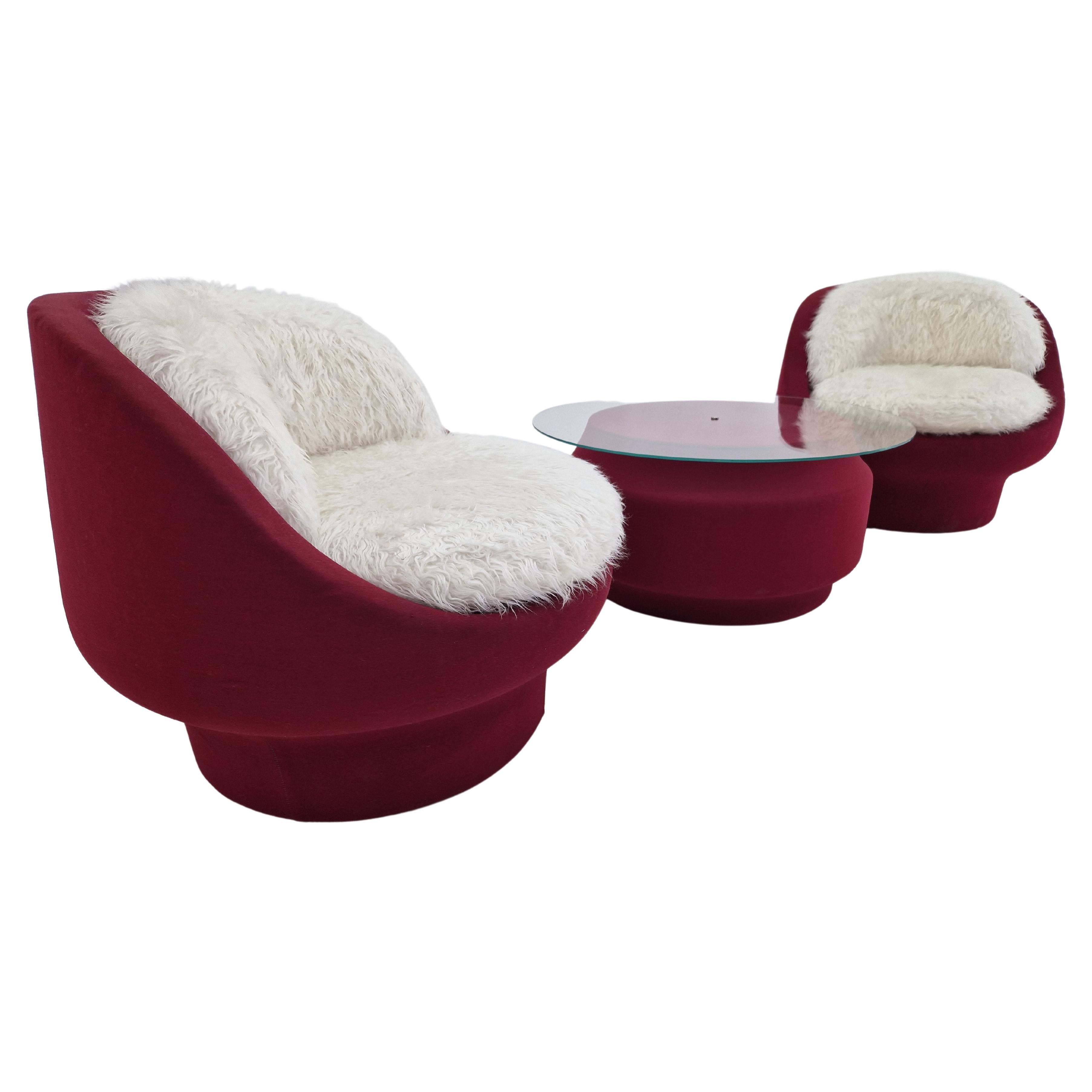 Set of Two Lounge or Club Chairs and Coffee Table, France, 1970s
