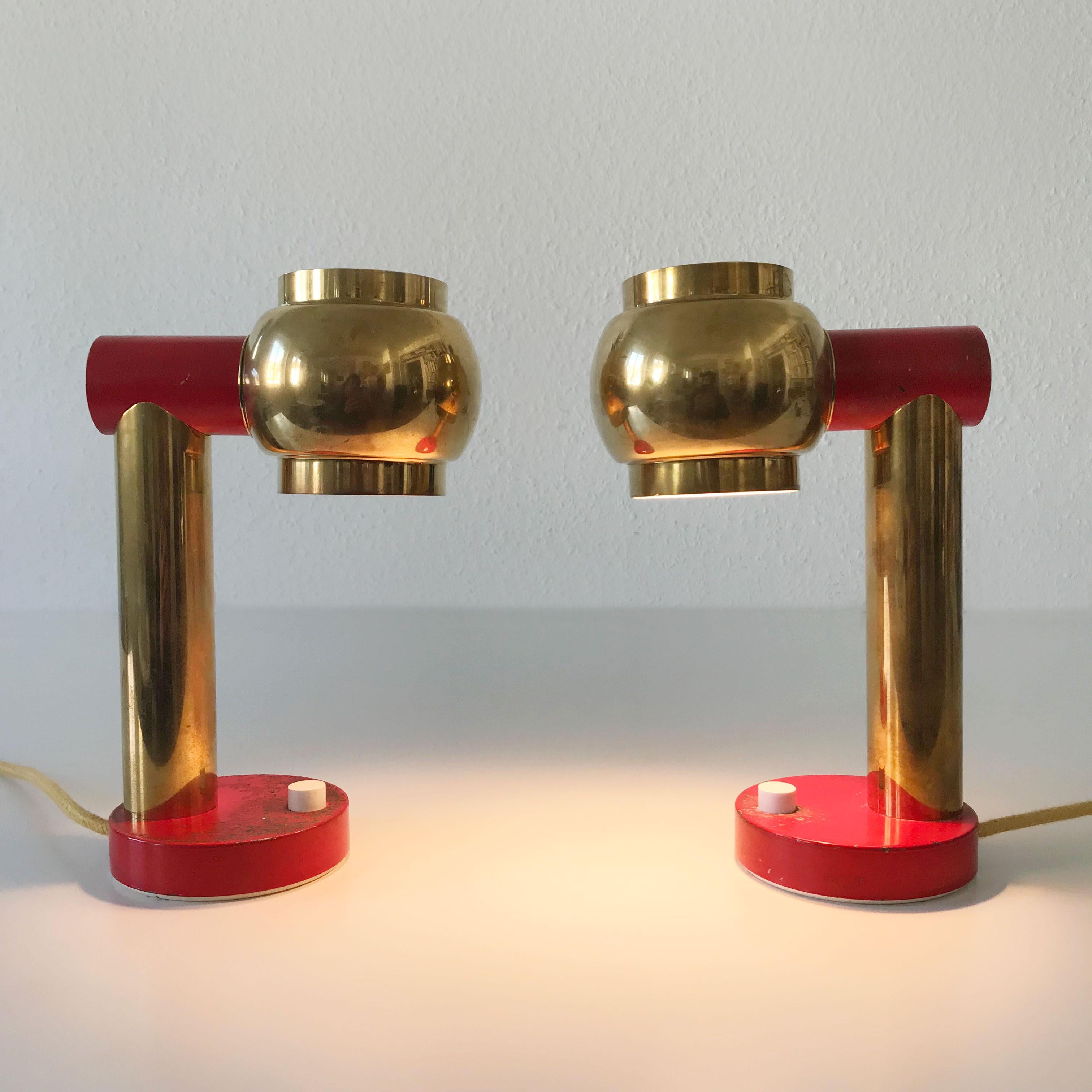 Metal Set of Two Lovely Mid-Century Modern Brass Bedside Table Lamps, 1950s