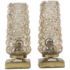 Set of Two Lovely Brass & Bubble Glass Bedside Table Lamps by TEKA Germany 1950s