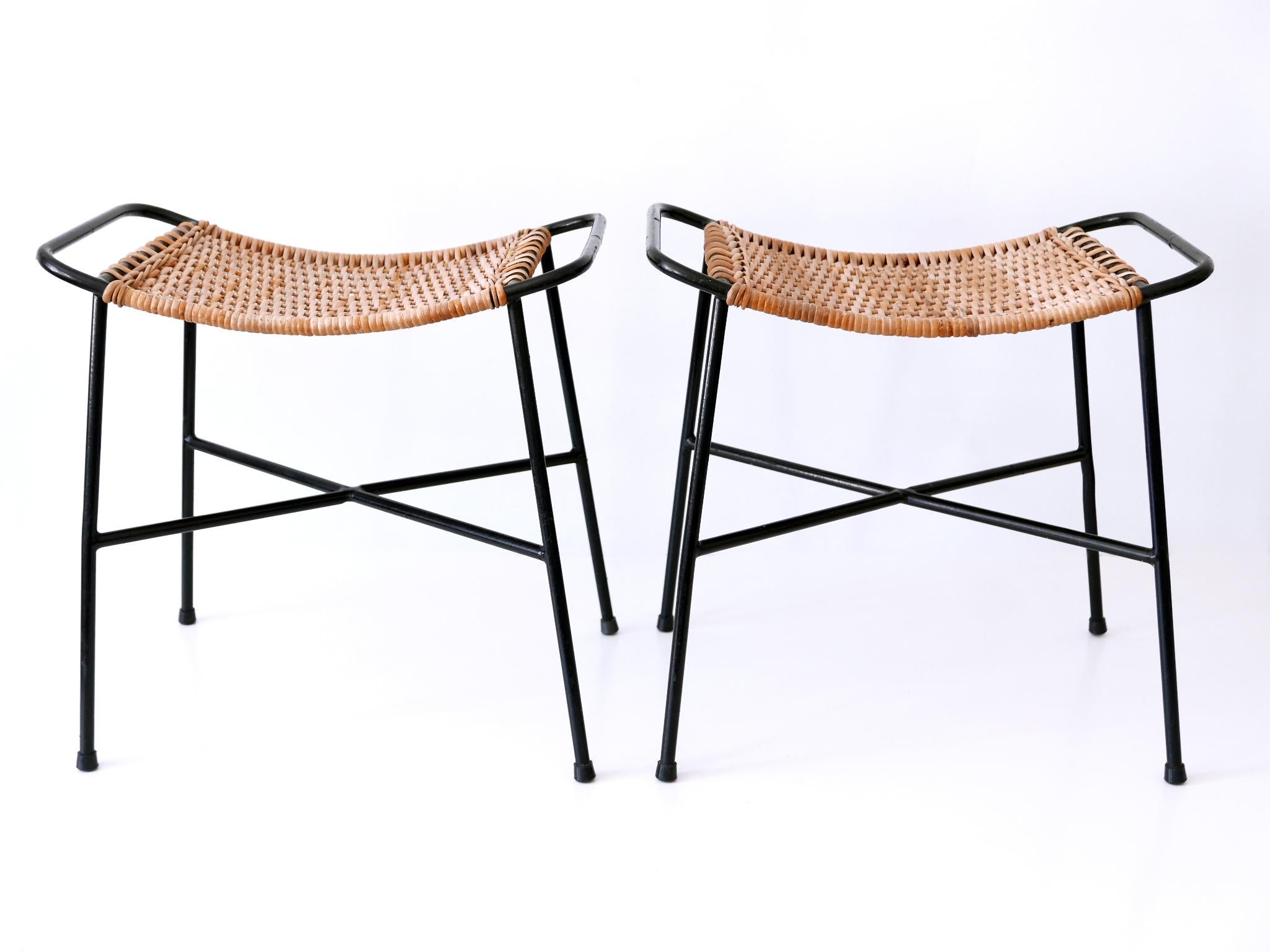 Metal Set of Two Lovely Mid-Century Modern Rattan Stools Germany 1960s For Sale