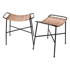 Ensemble de deux charmants tabourets en rotin de style mi-siècle moderne, Allemagne, années 1960