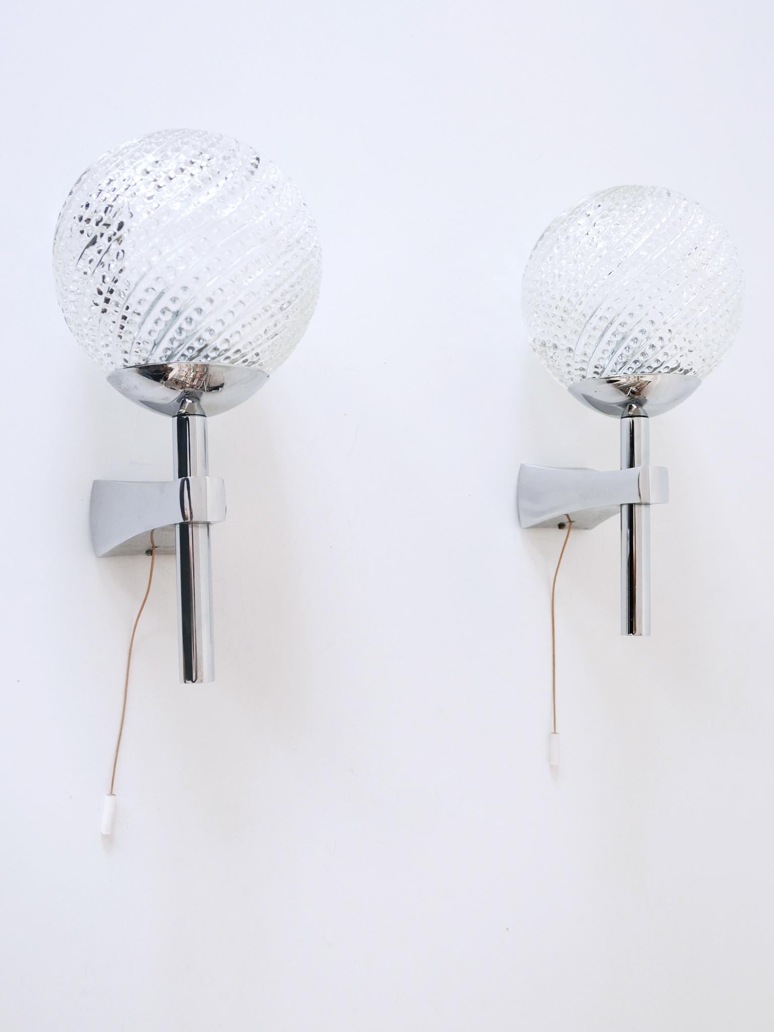 Chrome Set of Two Lovely Mid-Century Modern Textured Glass Sconces or Wall Lamps 1970s For Sale