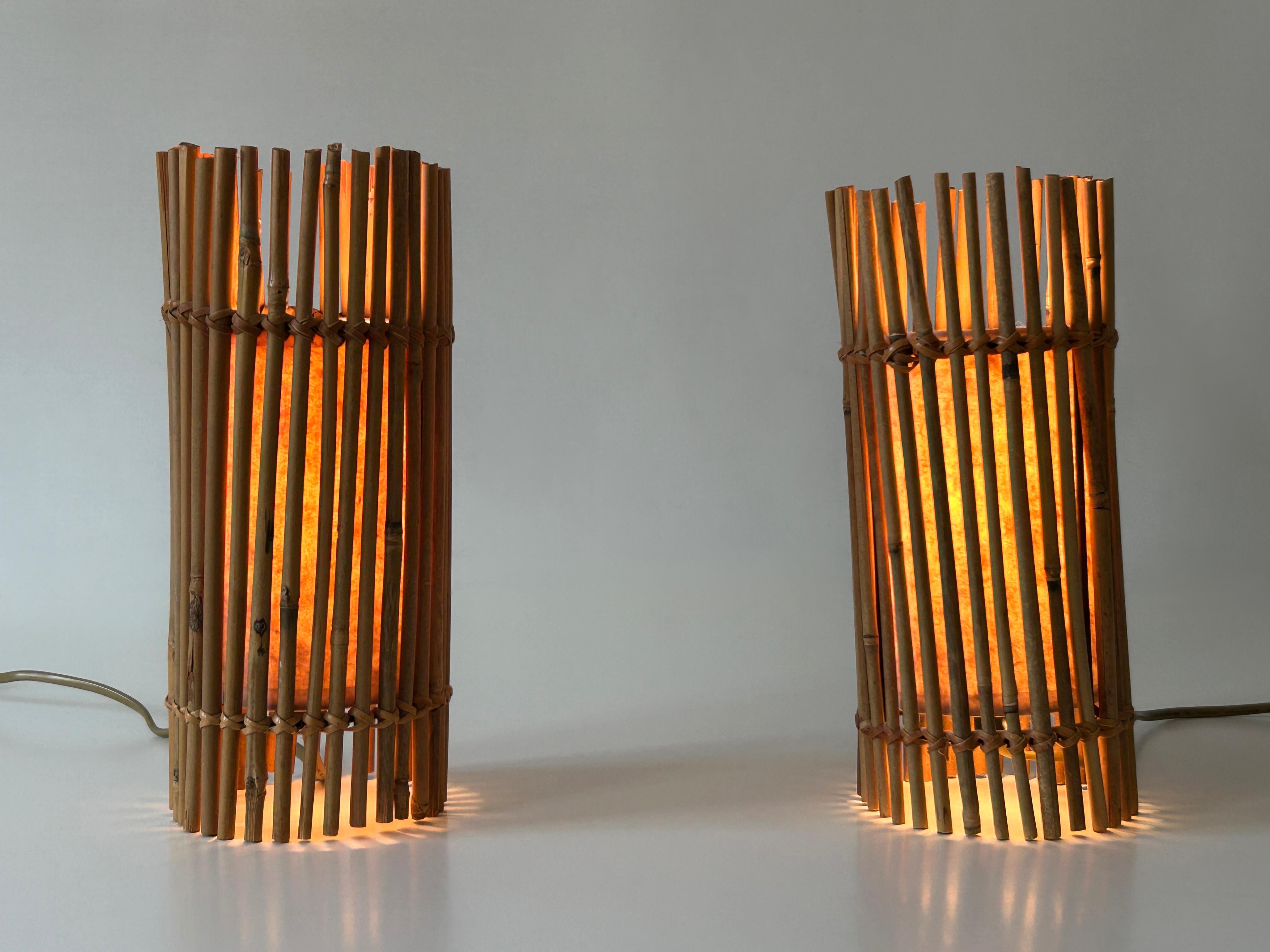 Set of Two Lovely Vintage Bamboo Bedside Table Lamps Germany 1980s For Sale 9