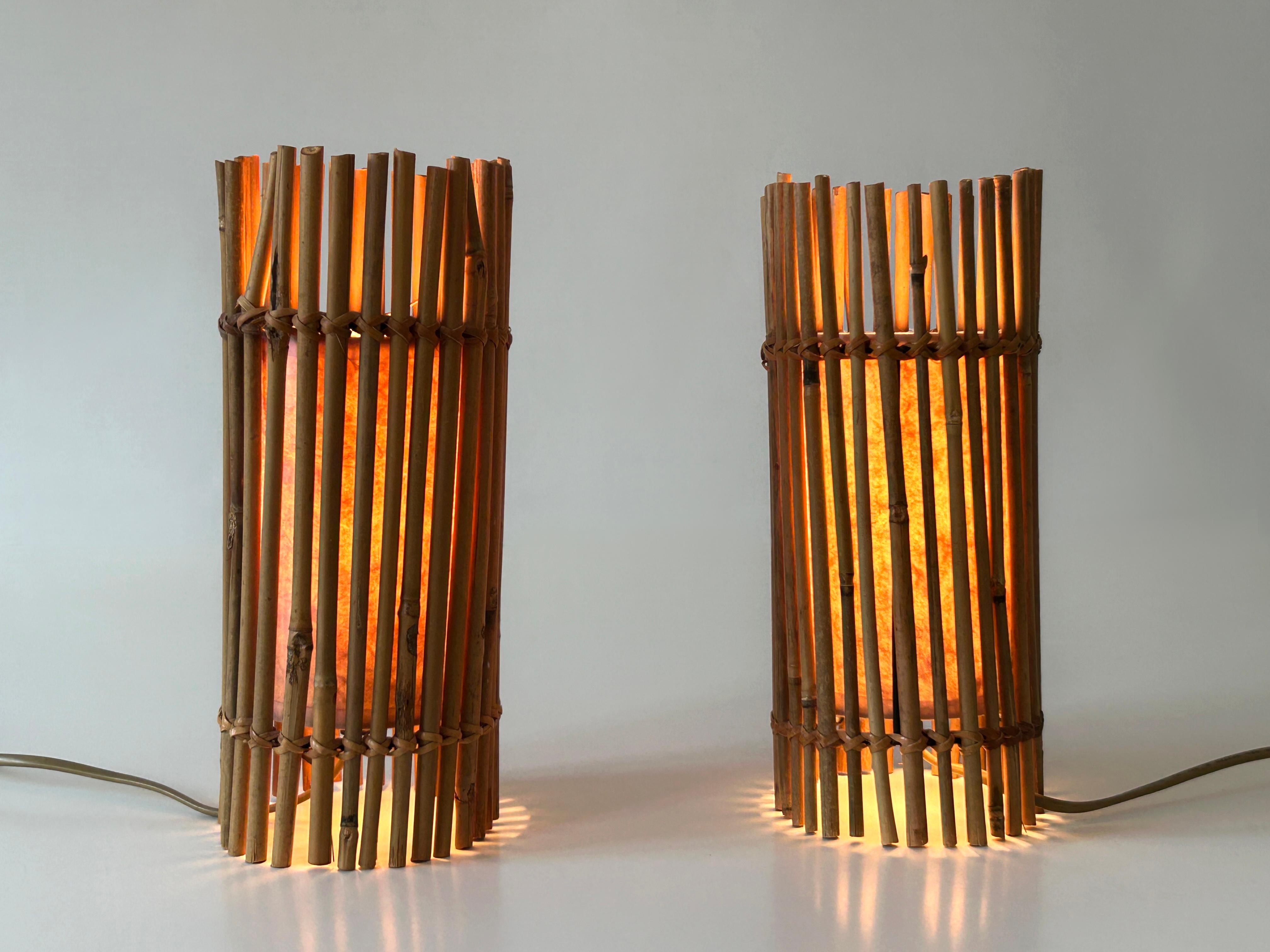 Mid-Century Modern Set of Two Lovely Vintage Bamboo Bedside Table Lamps Germany 1980s For Sale