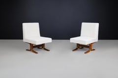 Set of Two Ludvik Volak Bentwood Lounge Chairs in Off-White Bouclé, CZ 1960s