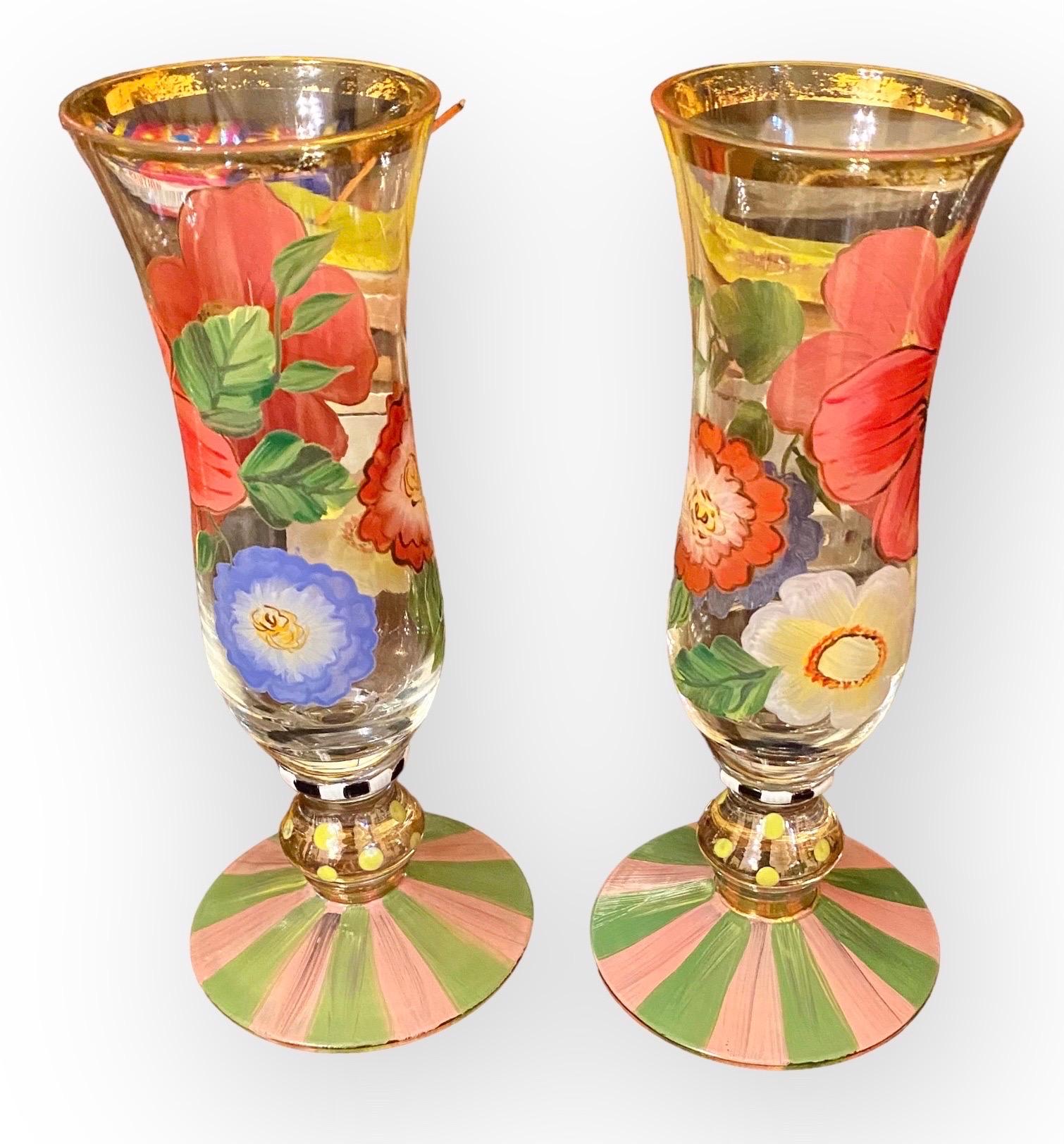 American Set of Two MacKenzie- Childs Flower Market Hand-Painted Champagne Glasses 