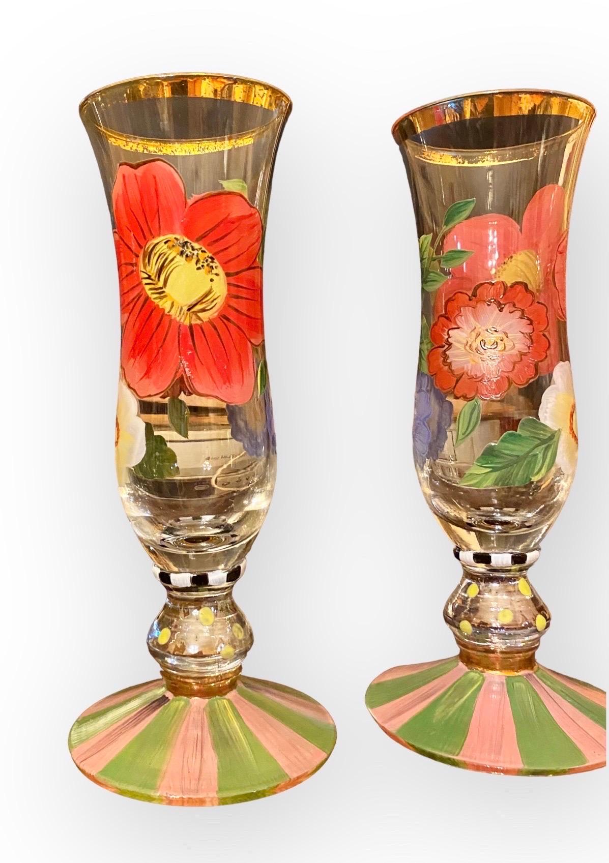 Set of Two MacKenzie- Childs Flower Market Hand-Painted Champagne Glasses  In Good Condition In New Orleans, LA