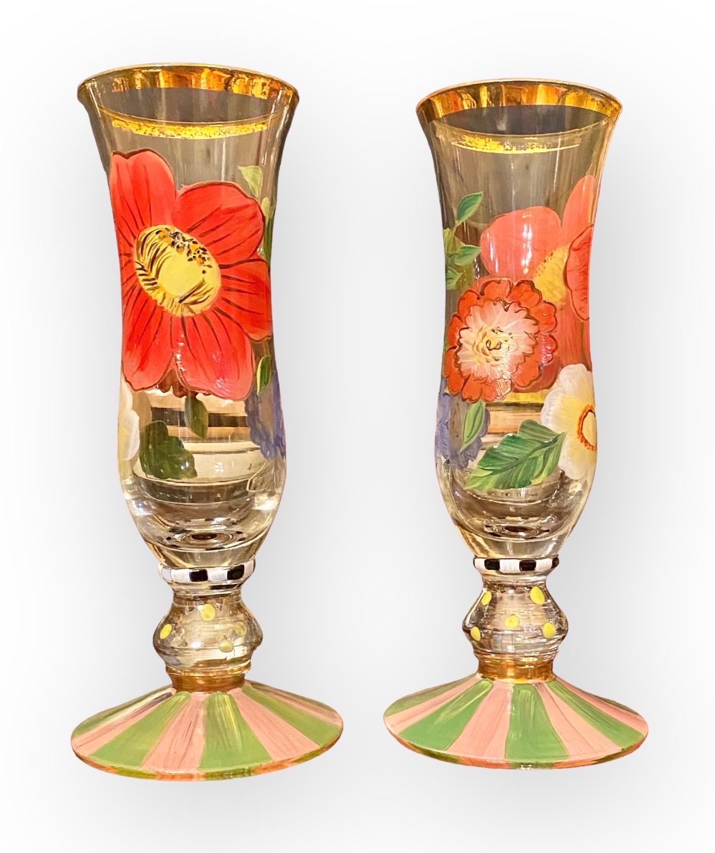 Late 20th Century Set of Two MacKenzie- Childs Flower Market Hand-Painted Champagne Glasses 