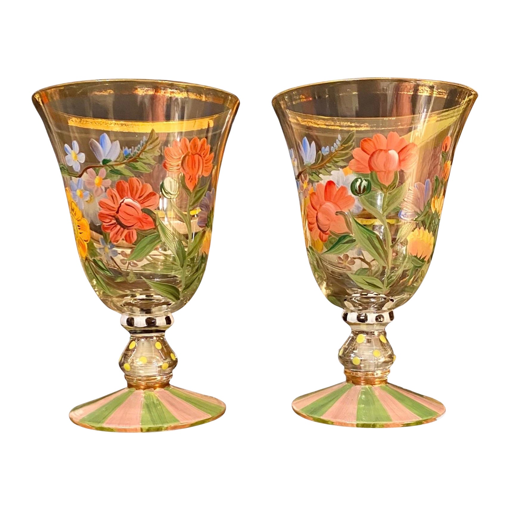 Set of Two Mackenzie- Childs Flower Market Hand-Painted Champagne Glasses