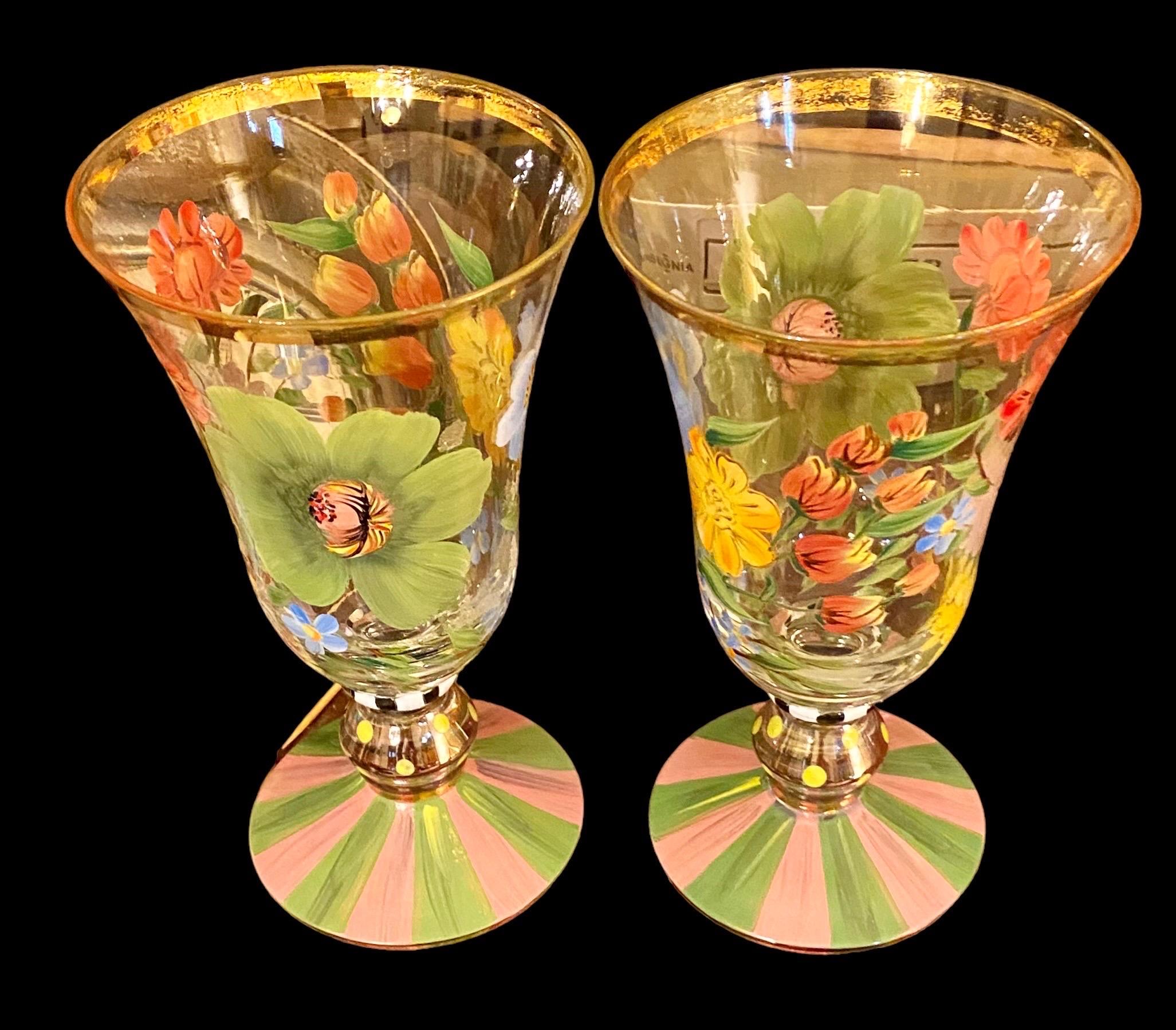 Make any occasion more special by setting the table with this pair of Mackenzie-Child's flower garden goblets. These glasses are perfect for serving chilled water, wine or summer drinks. A stunning spectrum of Courtly Stripes sets the foundation,
