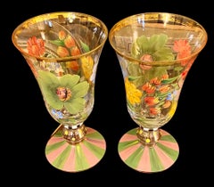 Set of Two Mackenzie- Childs Flower Market Hand-Painted Goblets Glasses
