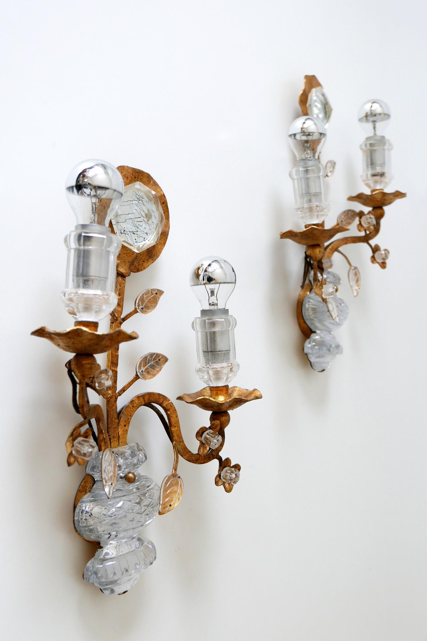 French Set of Two Maison Baguès Crystal & Gilt Metal Sconces or Wall Lamps 1960s France For Sale