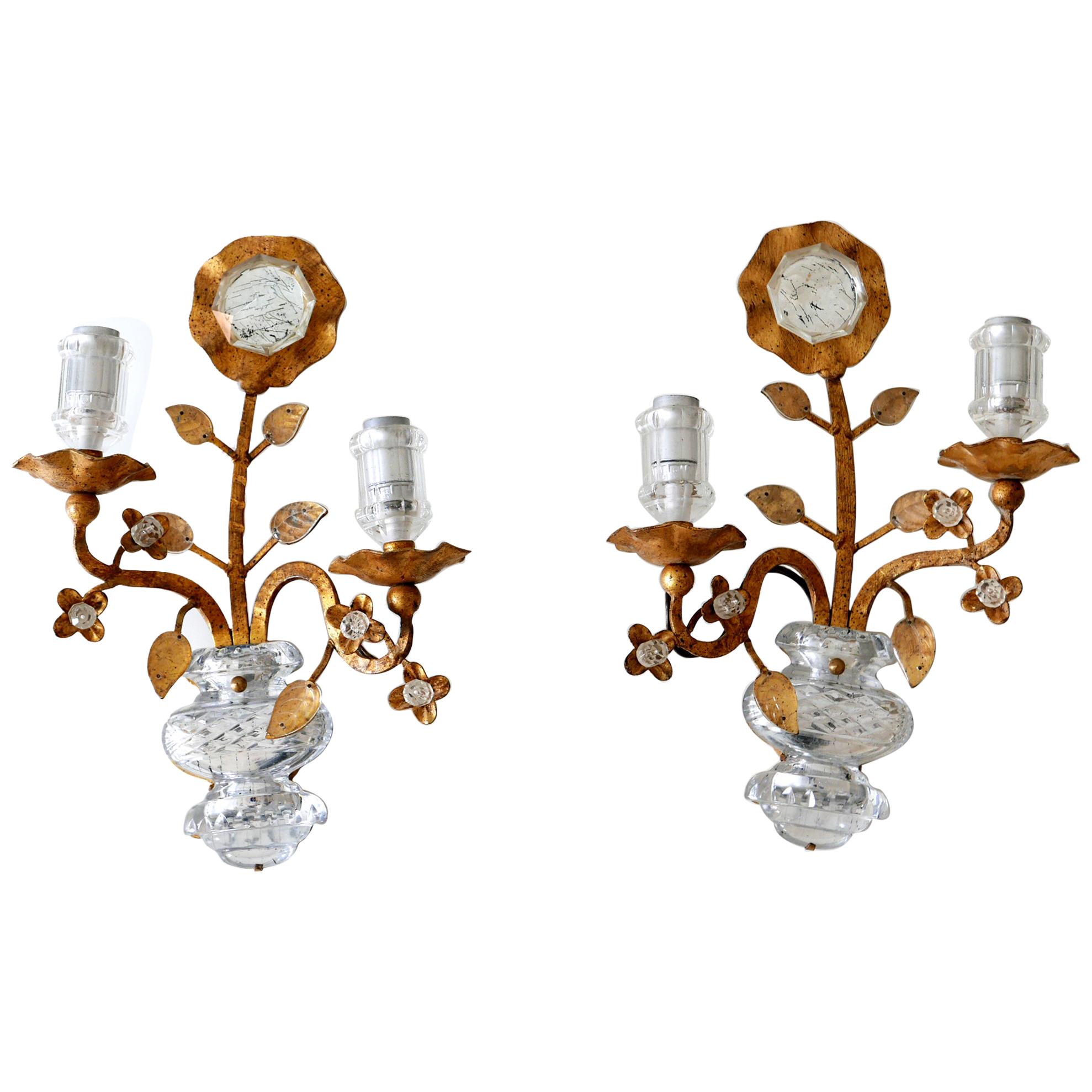 Set of Two Maison Baguès Crystal & Gilt Metal Sconces or Wall Lamps 1960s France For Sale