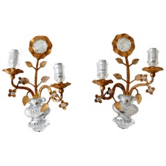 Set of Two Maison Baguès Crystal & Gilt Metal Sconces or Wall Lamps 1960s France