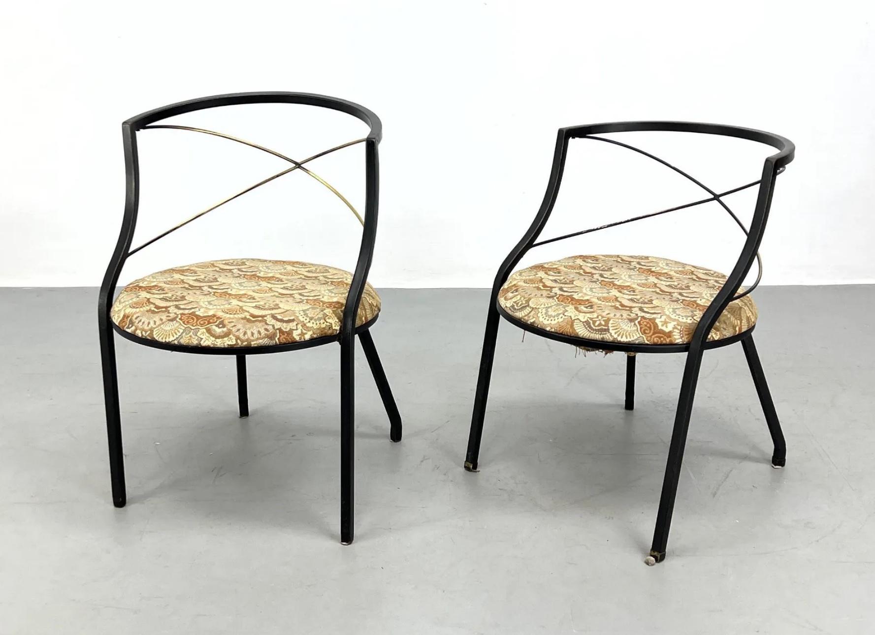 A set of two Maison Jansen Style patio chairs, with bronze rail cross back (rail bar stamped BRONZE). Not exactly a matching pair, one chair is 2 inches shorter; the difference gives them a unique look together. Upholstered seats feature a
