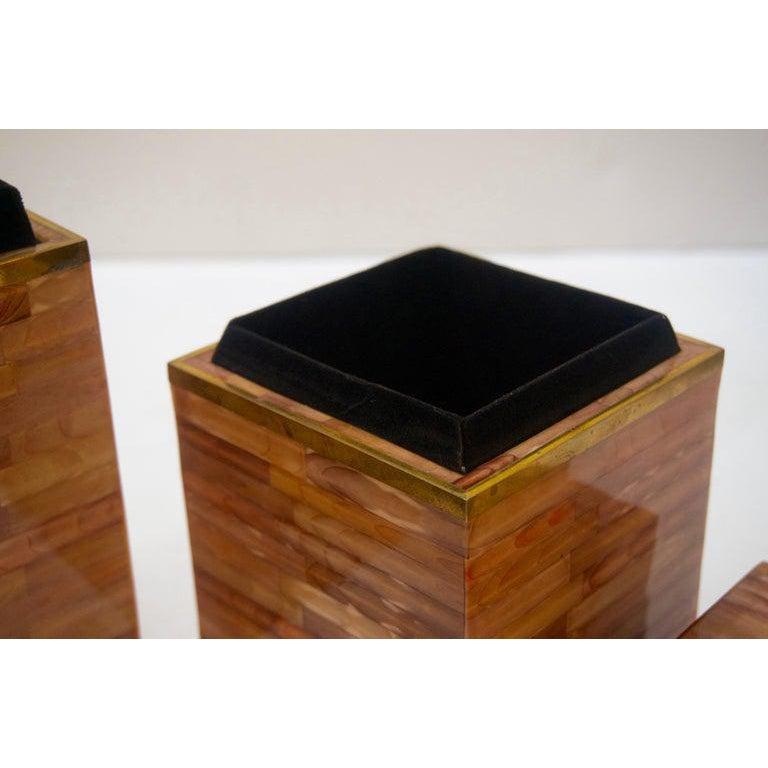 This stylish set of tessellated bone storage boxes were created in the 1980s by Maitland Smith and they will help to keep your desk or vanity organized and also could be used simply as objects of beauty.

Note: Dimensions of the taller box are 10