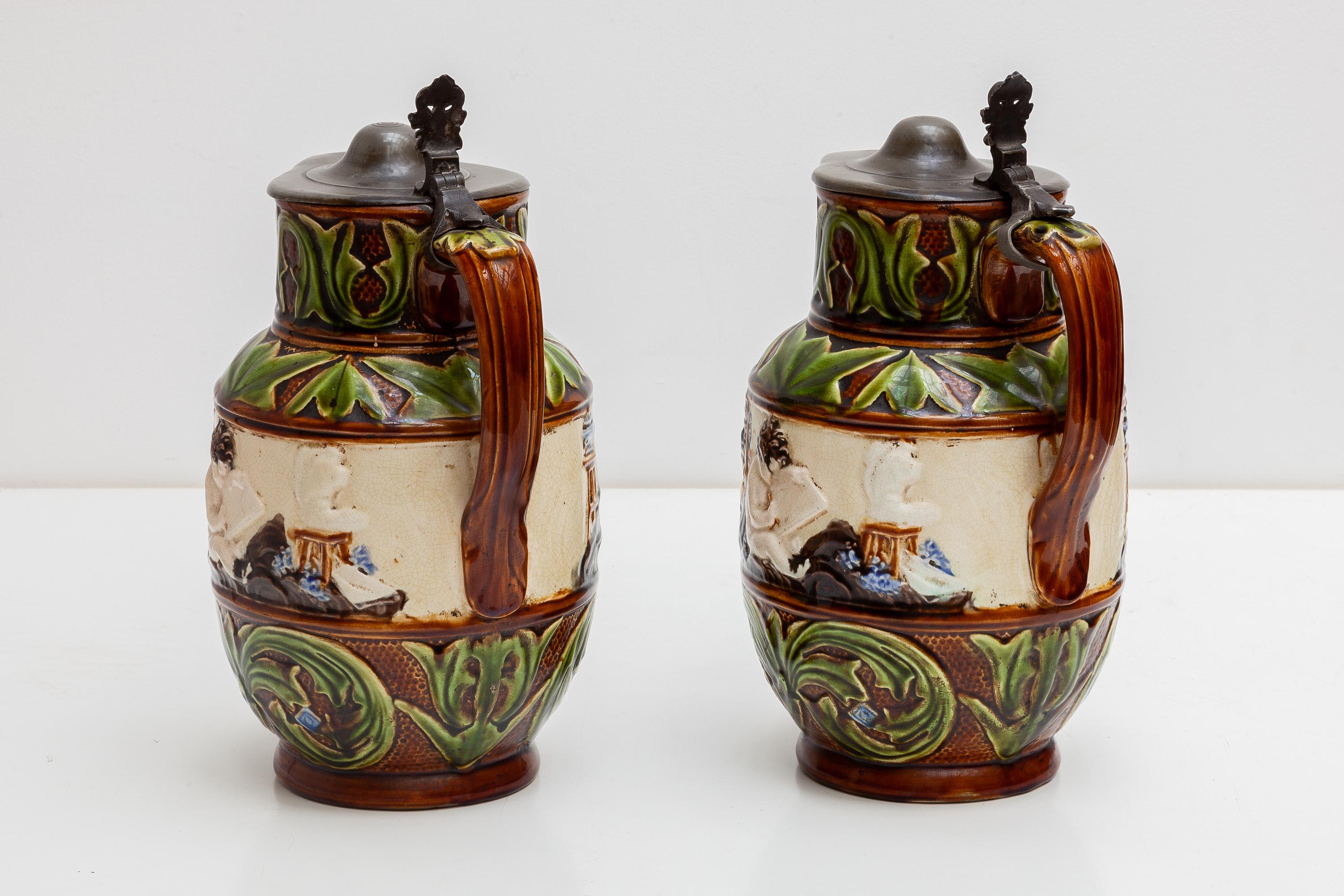 French Set of Two Majolica Jugs, Nimy Faiences Imperiale Belgium For Sale