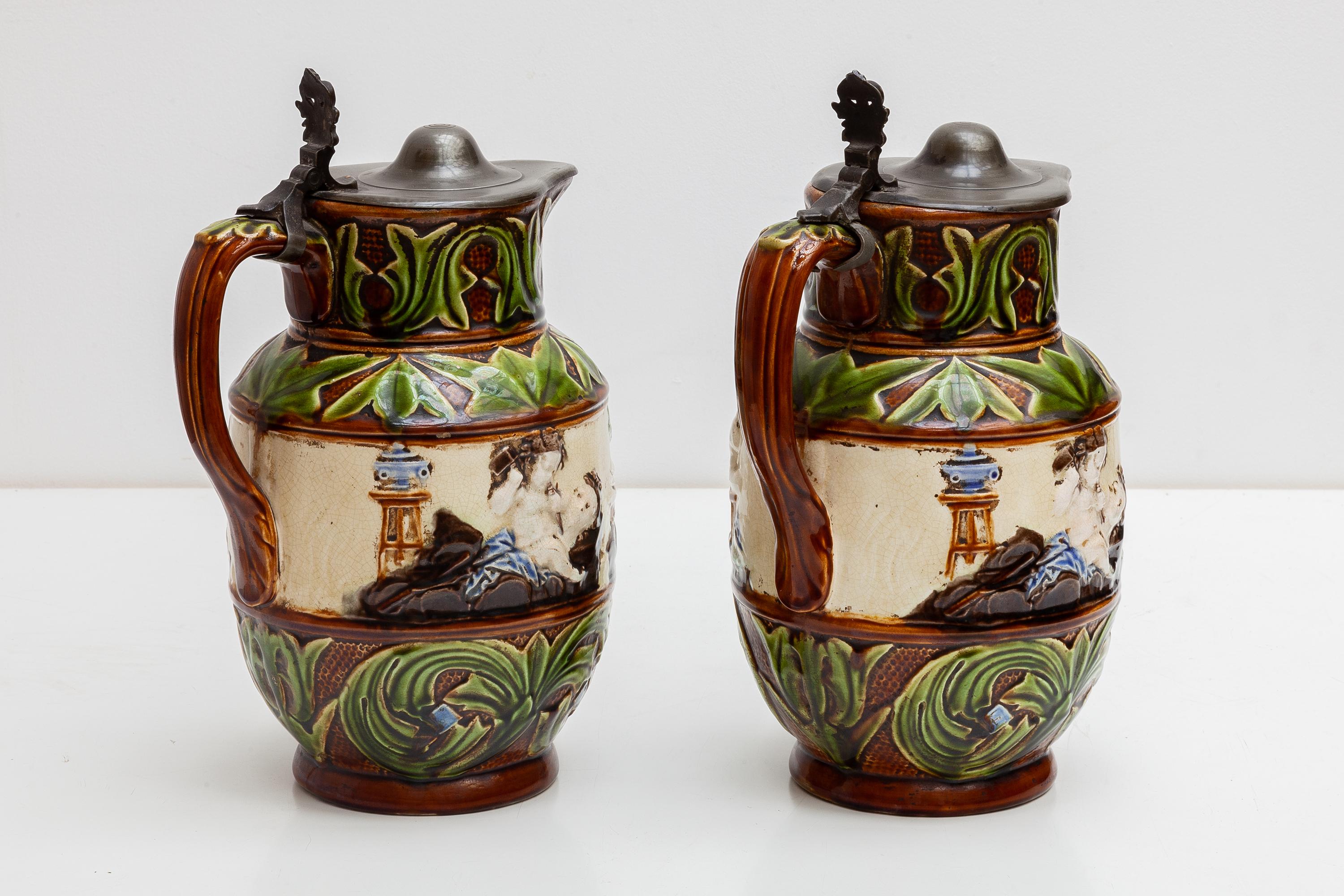 Glazed Set of Two Majolica Jugs, Nimy Faiences Imperiale Belgium For Sale