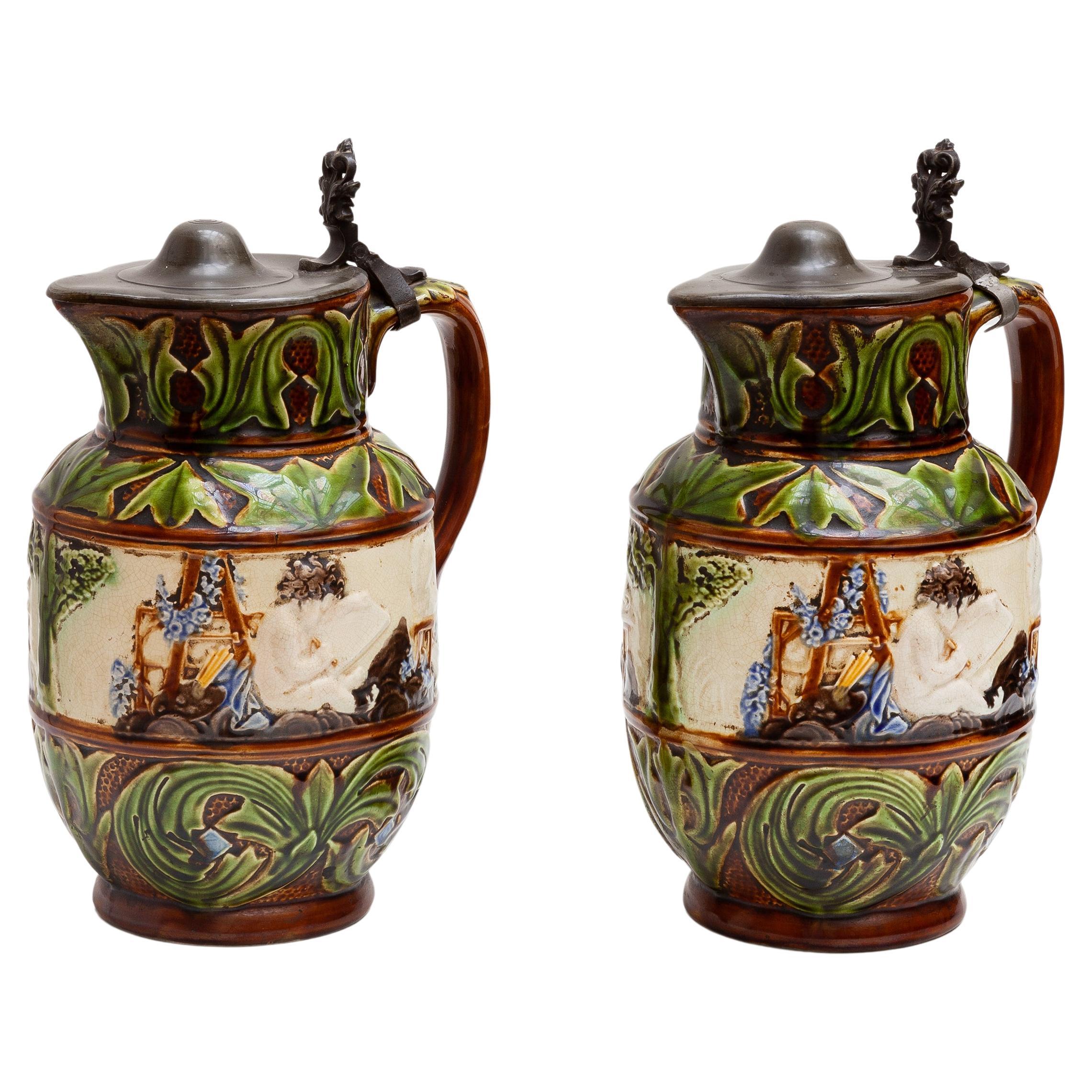 Set of Two Majolica Jugs, Nimy Faiences Imperiale Belgium For Sale