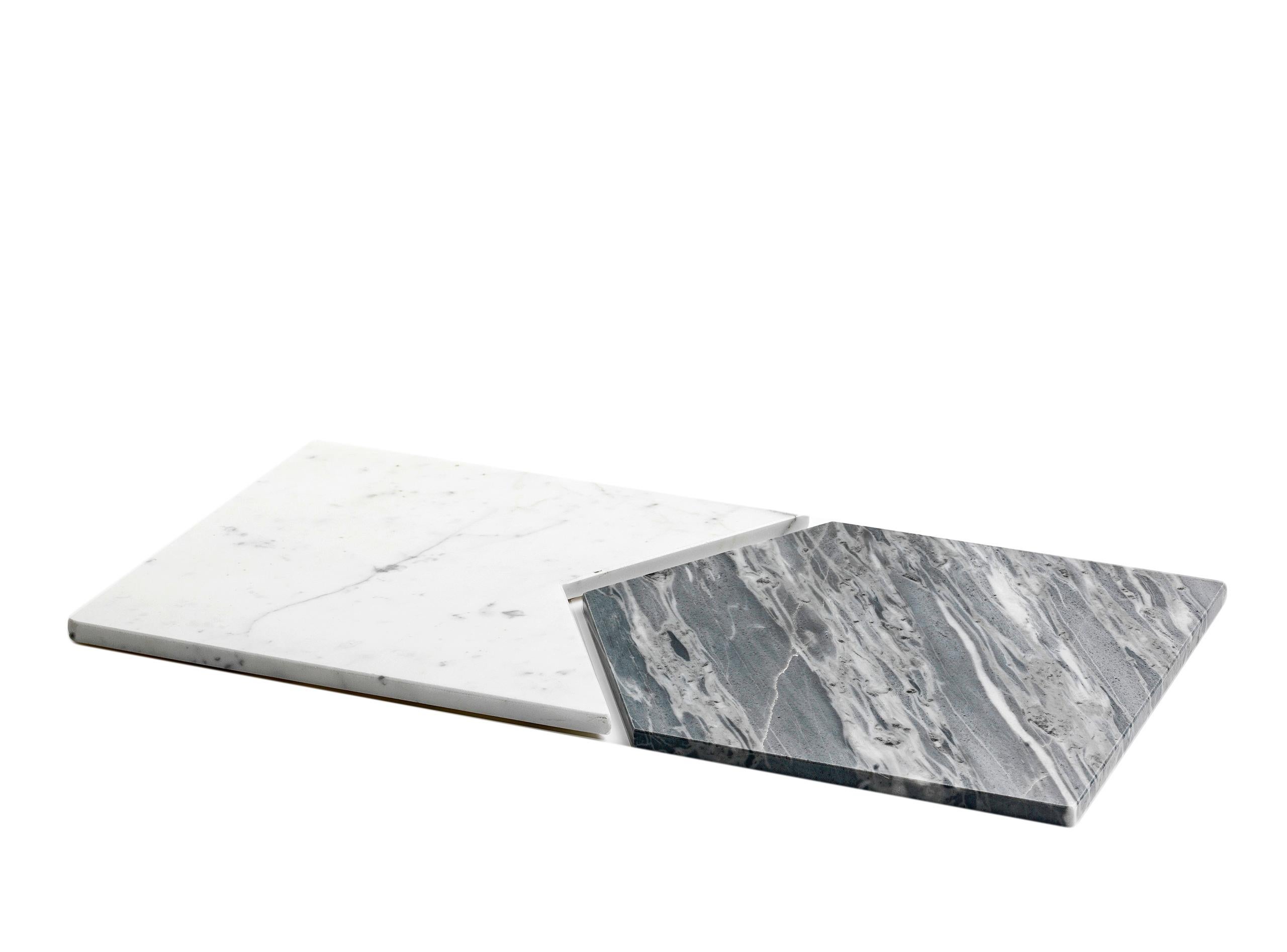 Hand-Crafted Handmade Set of 2 Snap-Fit Platters in White Carrara and Grey Bardiglio Marble For Sale