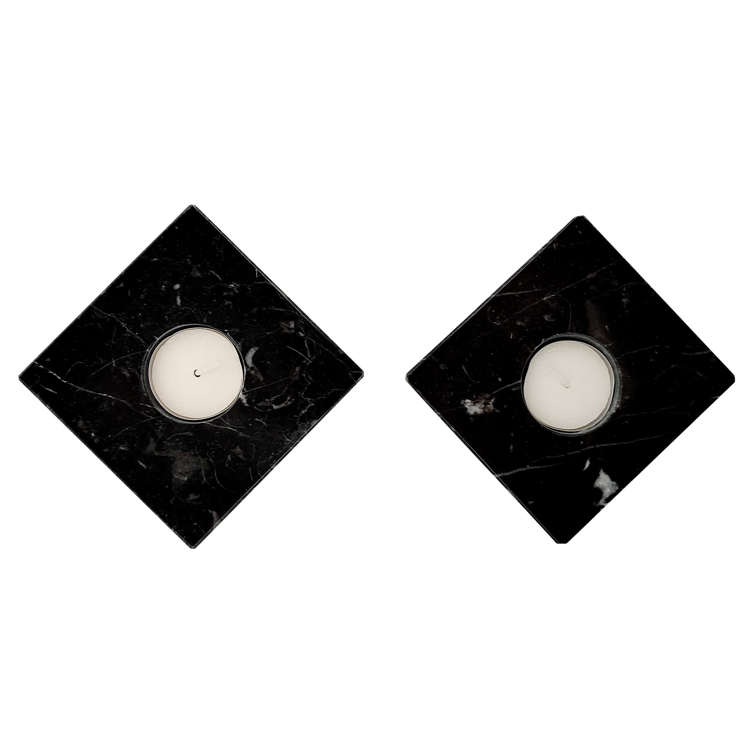 Set of Two Marquina Black Marble Candle Holders Design Mother’s Day Gift Spain