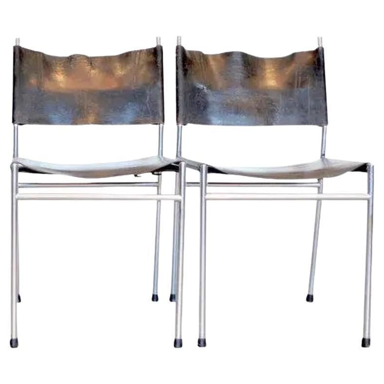 Set of Two, Martin Visser Se06 Dining Chairs in Black Leather and Chrome For Sale
