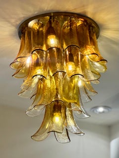 Set of Two Mazzega Murano Glass Flush Mount Ceiling Lights with Amber Glass