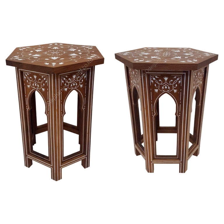 Pair of Side Tables, Round Bed Side Tables with Mother of Pearl Inlay in  Wood For Sale at 1stDibs | mother of pearl side table, bed side table pair