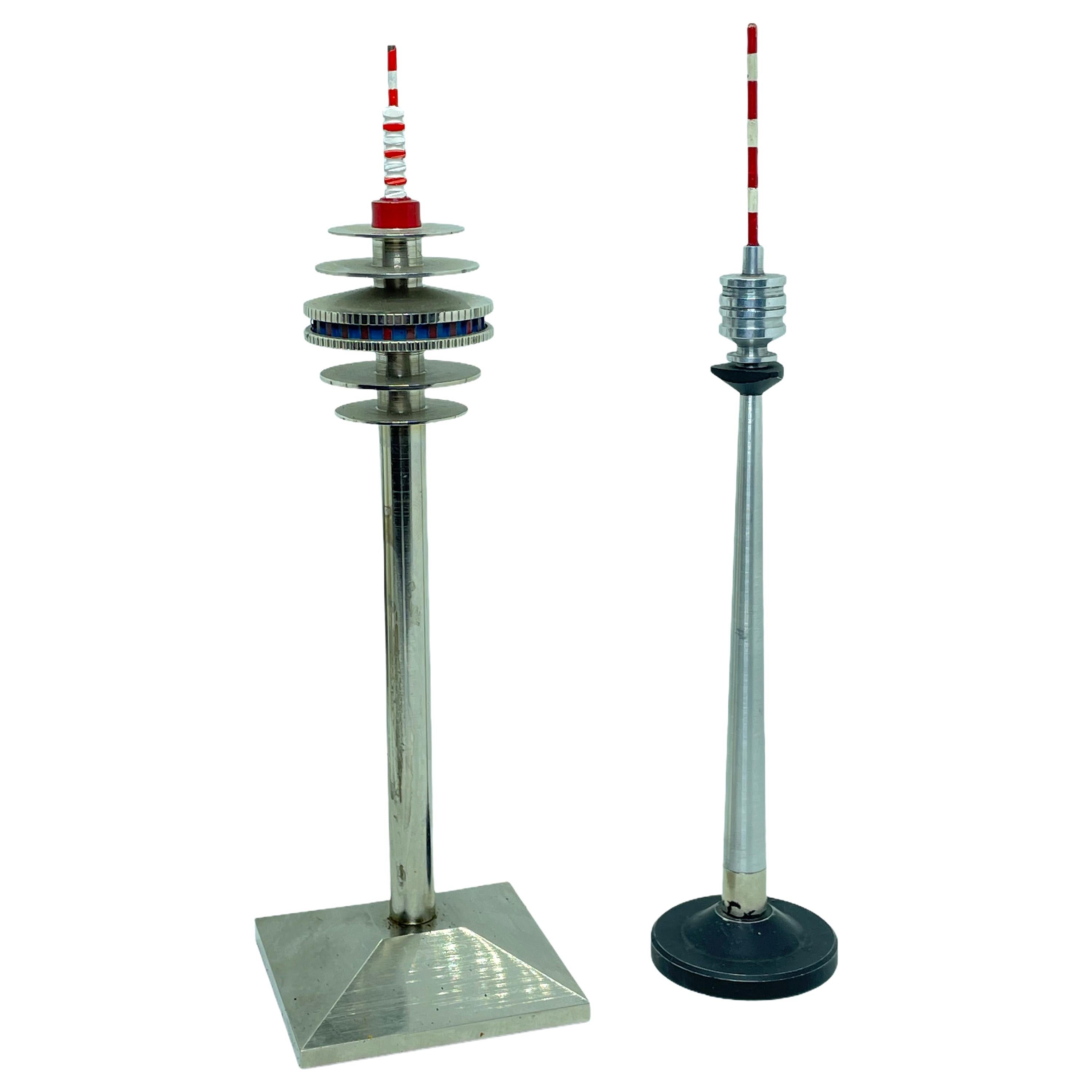Set of Two Metal TV Television Tower Scale Design Models, Vienna Austria, 1970s For Sale