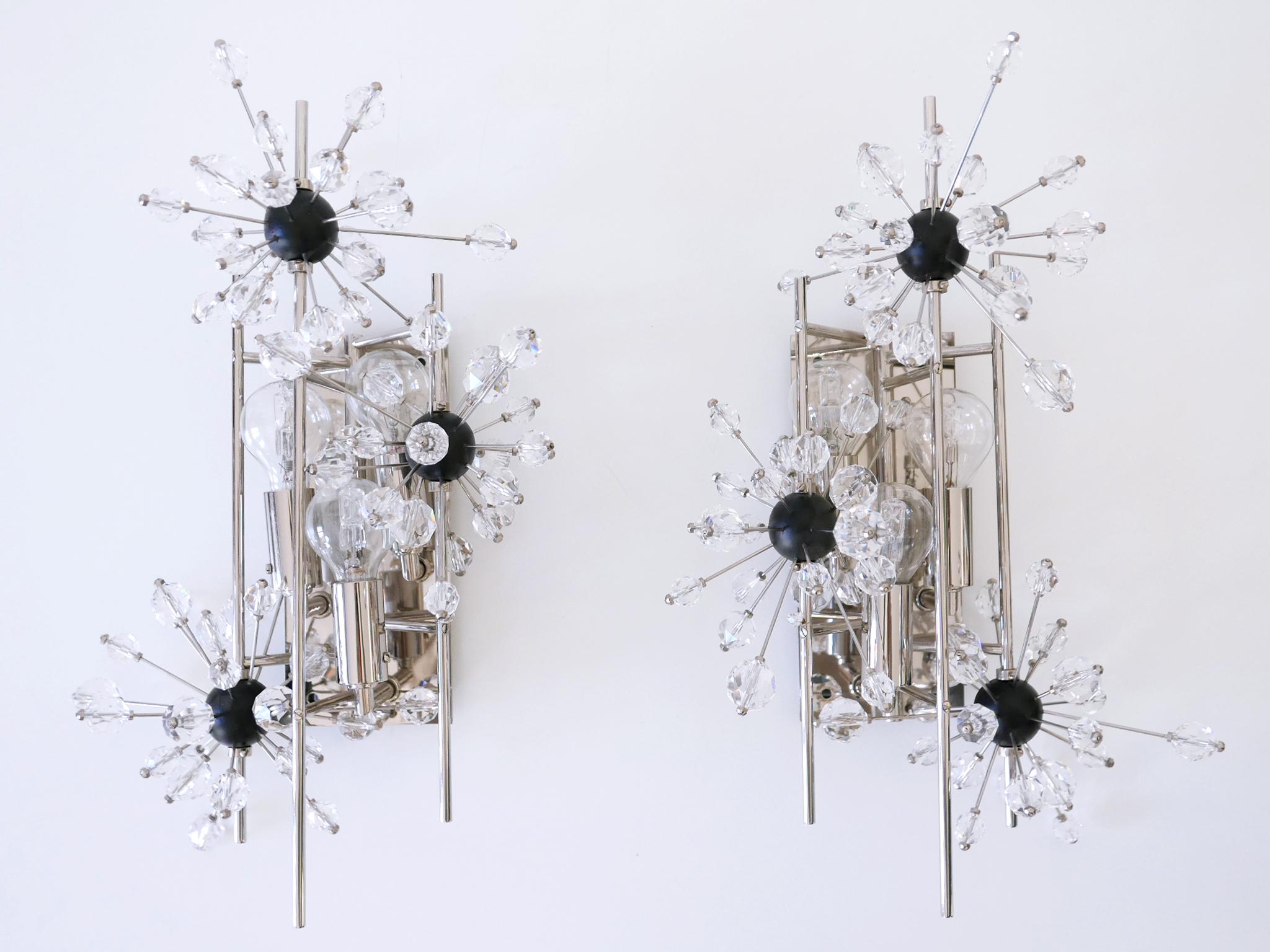 Set of two spectacular, extremely rare and highly decorative sputnik sconces – Metropolitan Opera Foyer. Designed by Hans Harald Rath, 1963 for J. & L. Lobmeyr. Manufactured probably in 2000s. Metal plate reverse (please see the last