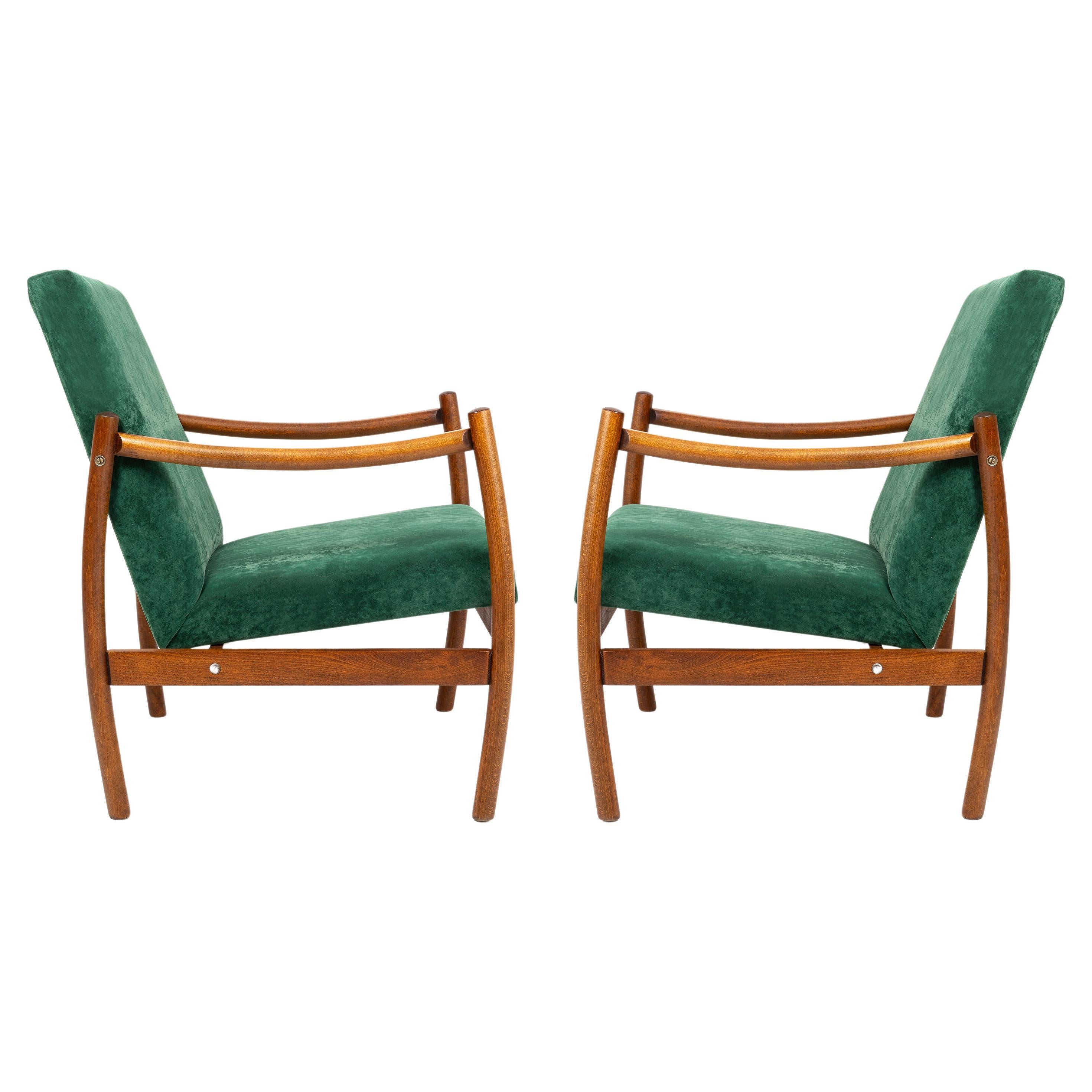 Set of Two Mid-20th Century Vintage Armchairs, Dark Green Velvet, Europe, 1960s For Sale