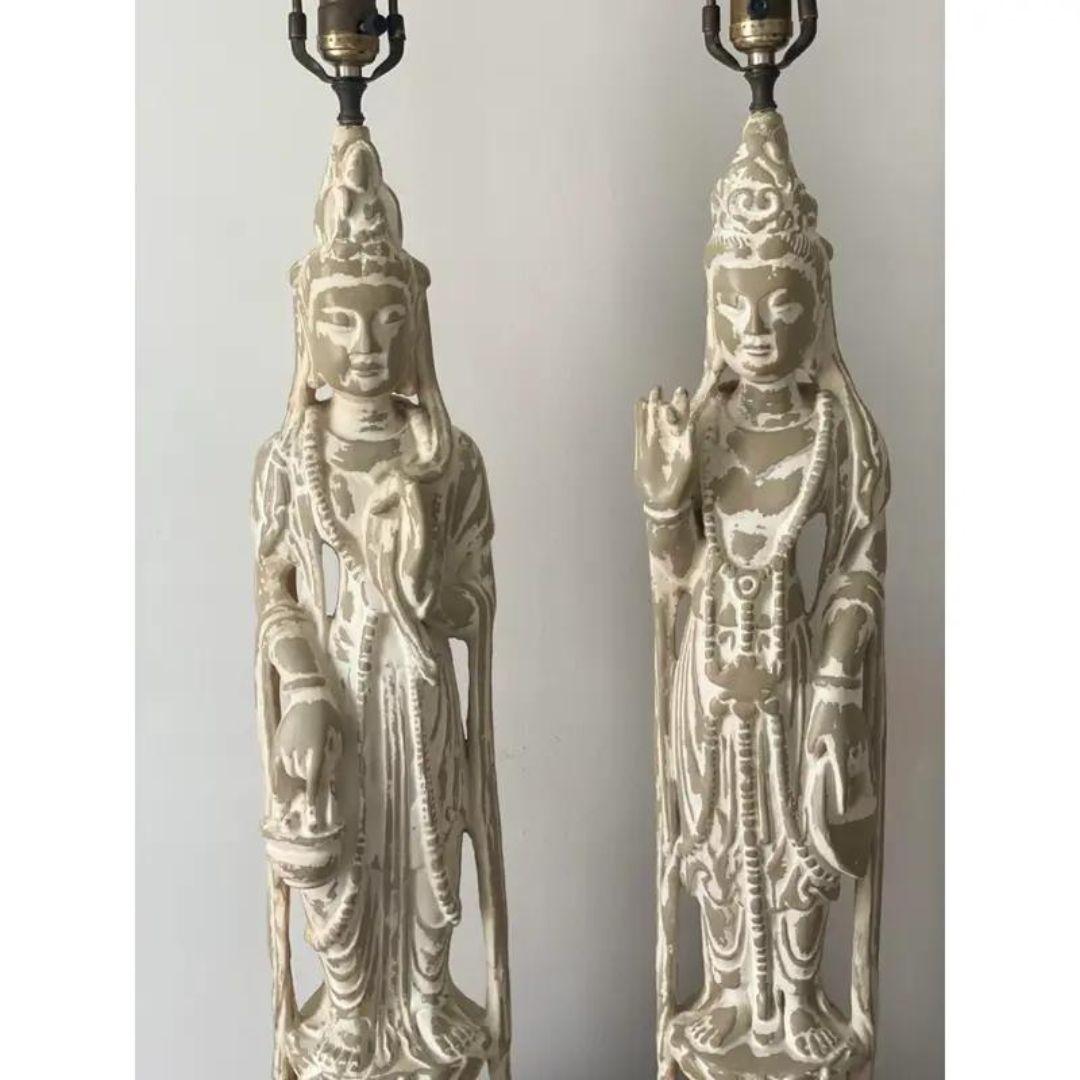 Set of Two Mid 20th Century Vintage Carved Mid-Century Tall Asian Figural Lamps  For Sale 5
