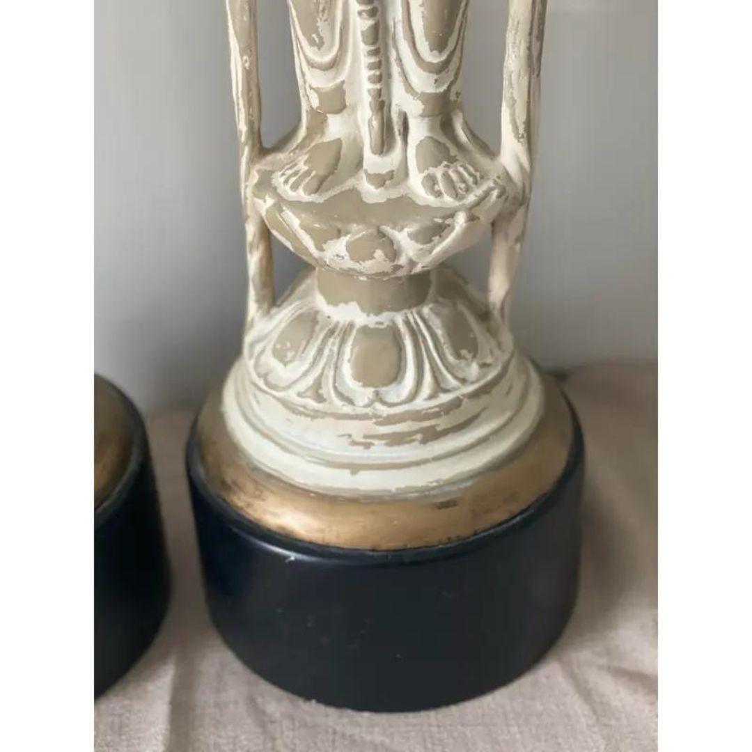 Set of Two Mid 20th Century Vintage Carved Mid-Century Tall Asian Figural Lamps  For Sale 1
