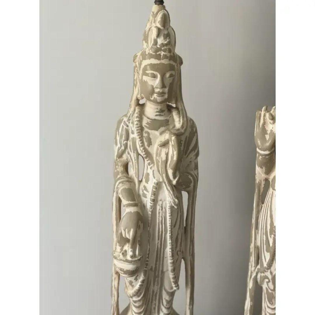 Set of Two Mid 20th Century Vintage Carved Mid-Century Tall Asian Figural Lamps  For Sale 2