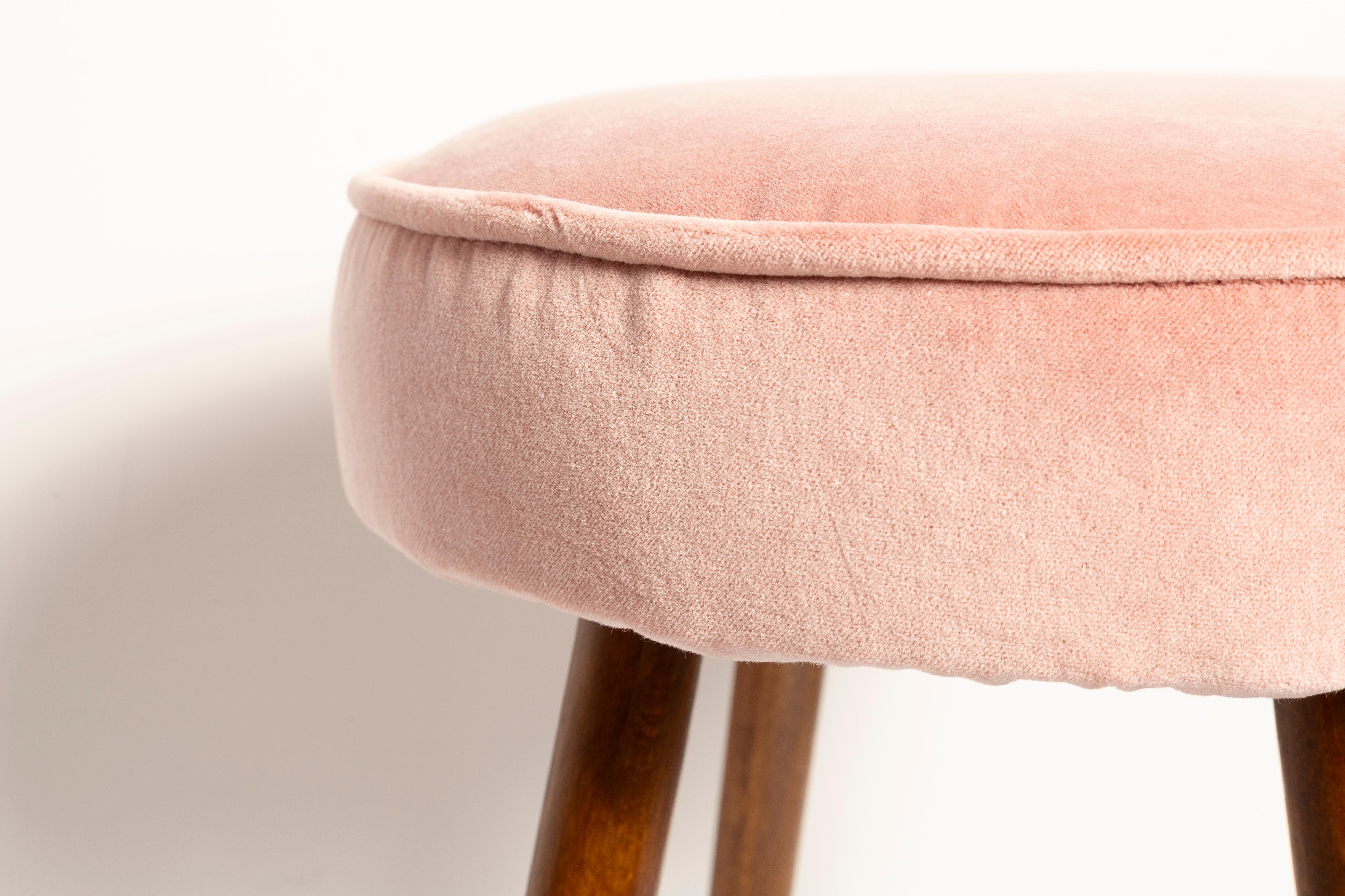 Polish Set of Two Mid Century Baby Pink Velvet Stools, Europe, 1960s For Sale