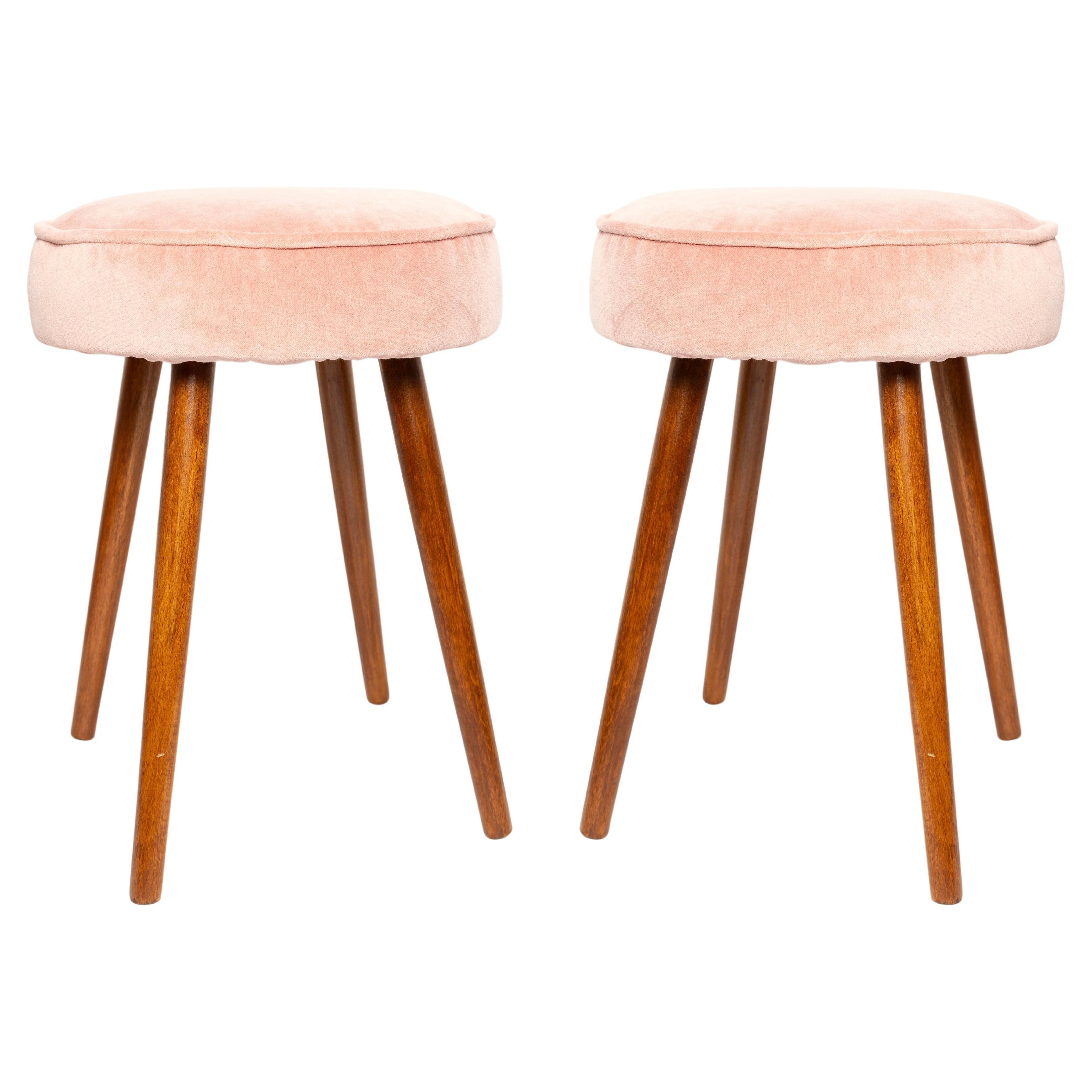 Set of Two Mid Century Baby Pink Velvet Stools, Europe, 1960s For Sale