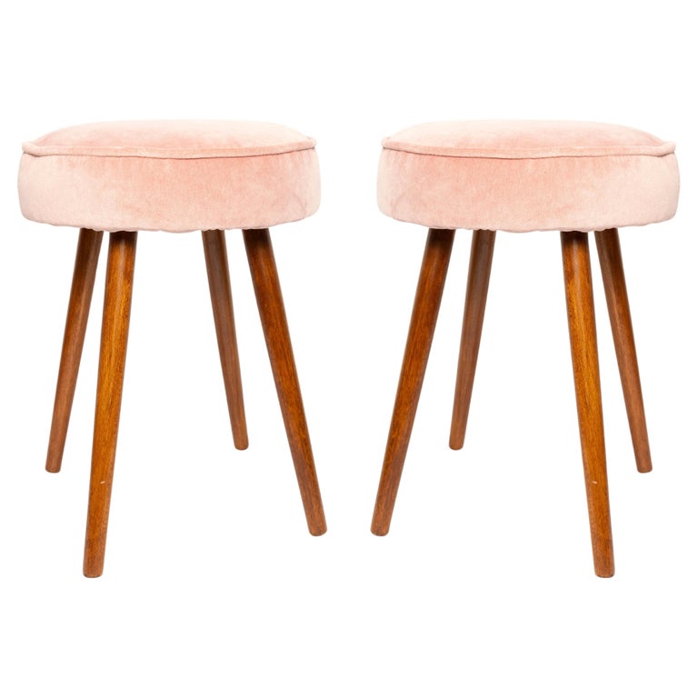 Set of Two Mid Century Baby Pink Velvet Stools, Europe, 1960s For Sale