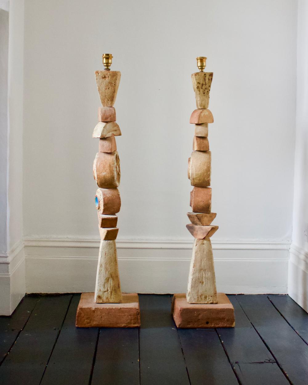 Mid-Century Modern Set of Two Mid-Century Bernard Rooke Studio Ceramic Totem Floor Lamps, England