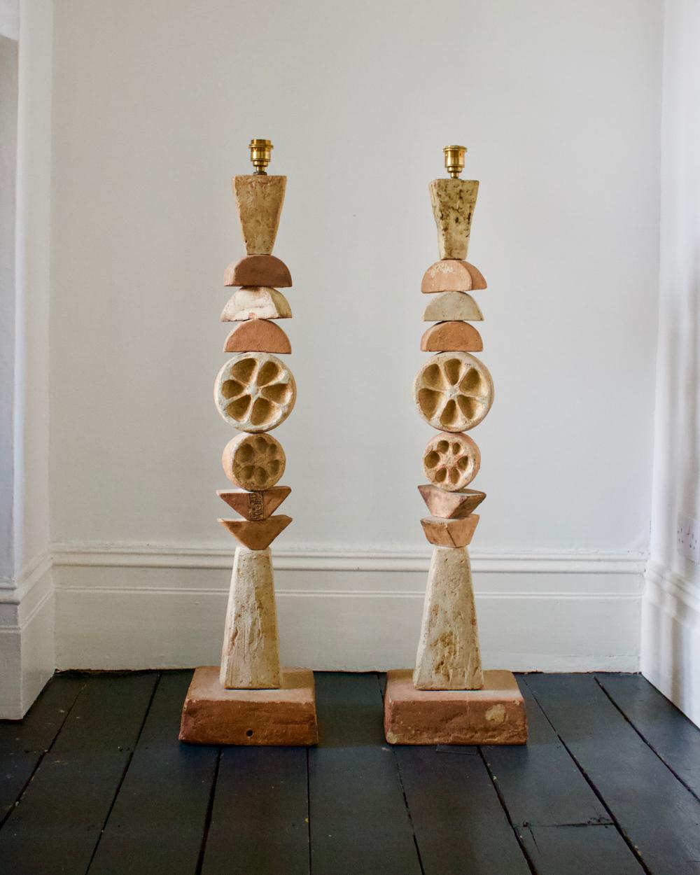 English Set of Two Mid-Century Bernard Rooke Studio Ceramic Totem Floor Lamps, England