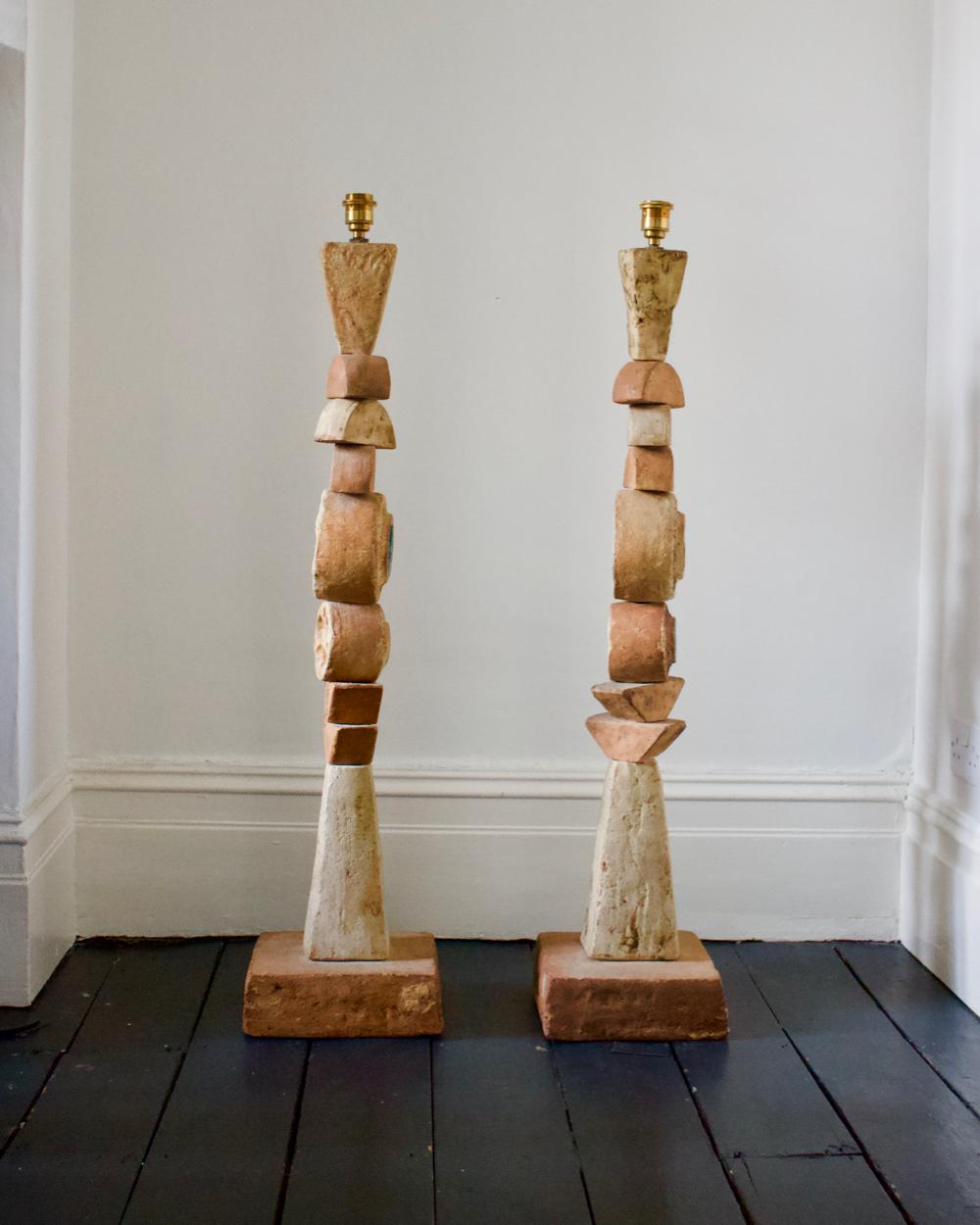 Set of Two Mid-Century Bernard Rooke Studio Ceramic Totem Floor Lamps, England In Good Condition In London, GB