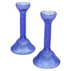 Set of Two Mid-Century Blue Glass Candlesticks, Europe, 1960s