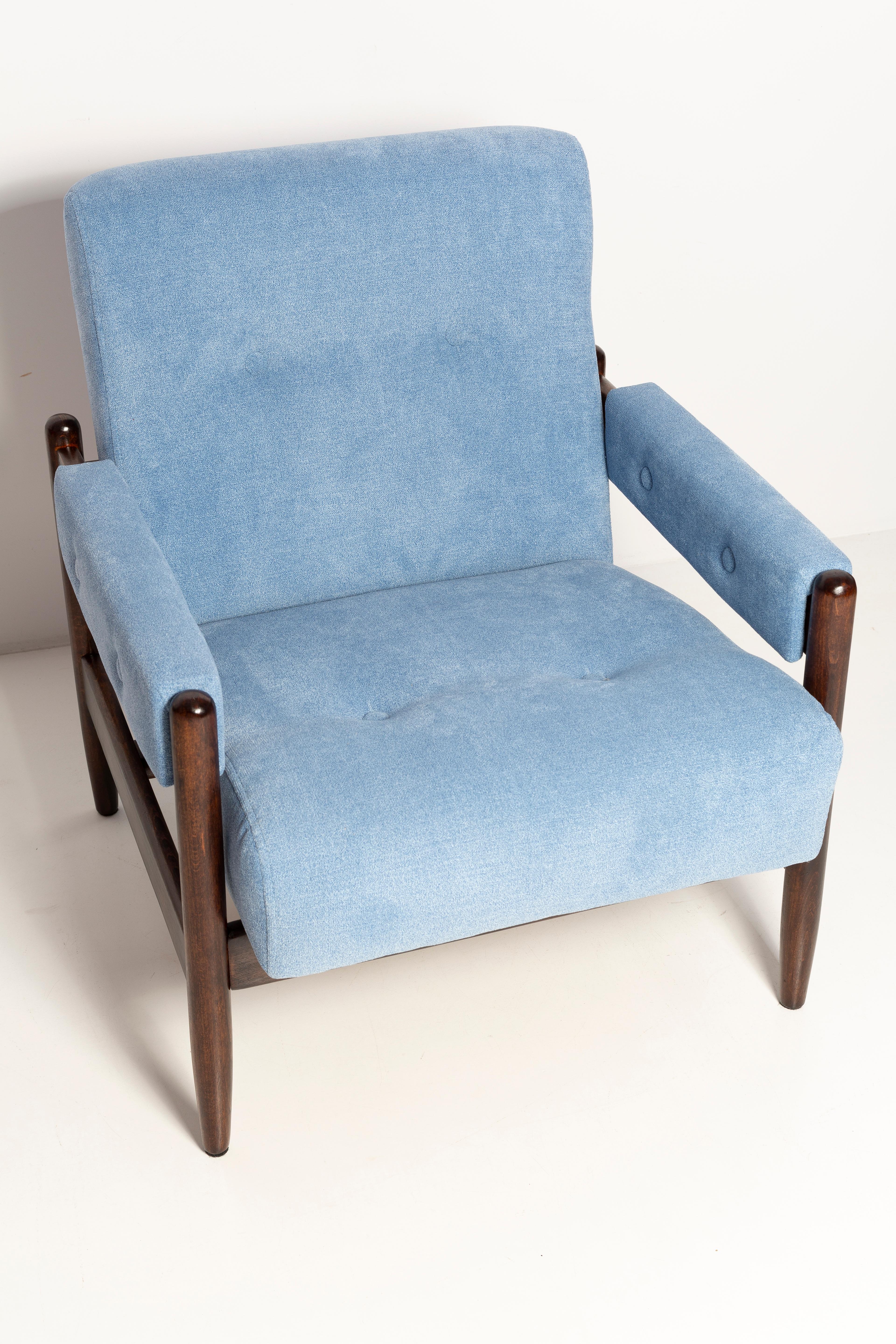 20th Century Set of Two Mid Century Blue Velvet Vintage Armchairs, Walnut Wood, Europe, 1960s For Sale