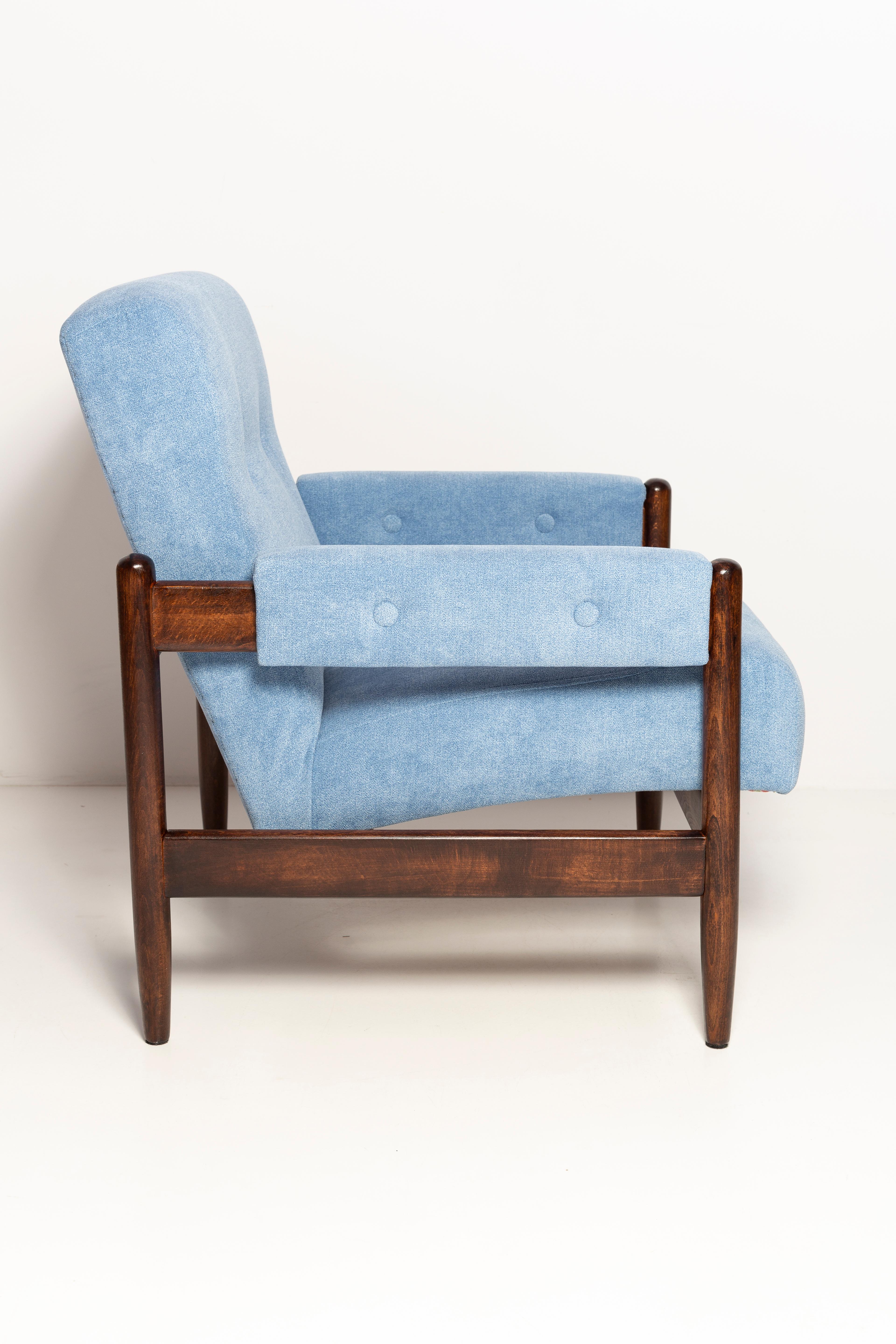Textile Set of Two Mid Century Blue Velvet Vintage Armchairs, Walnut Wood, Europe, 1960s For Sale