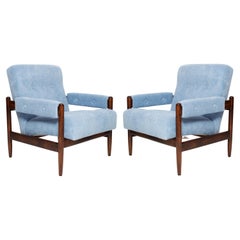 Set of Two Mid Century Blue Velvet Vintage Armchairs, Walnut Wood, Europe, 1960s