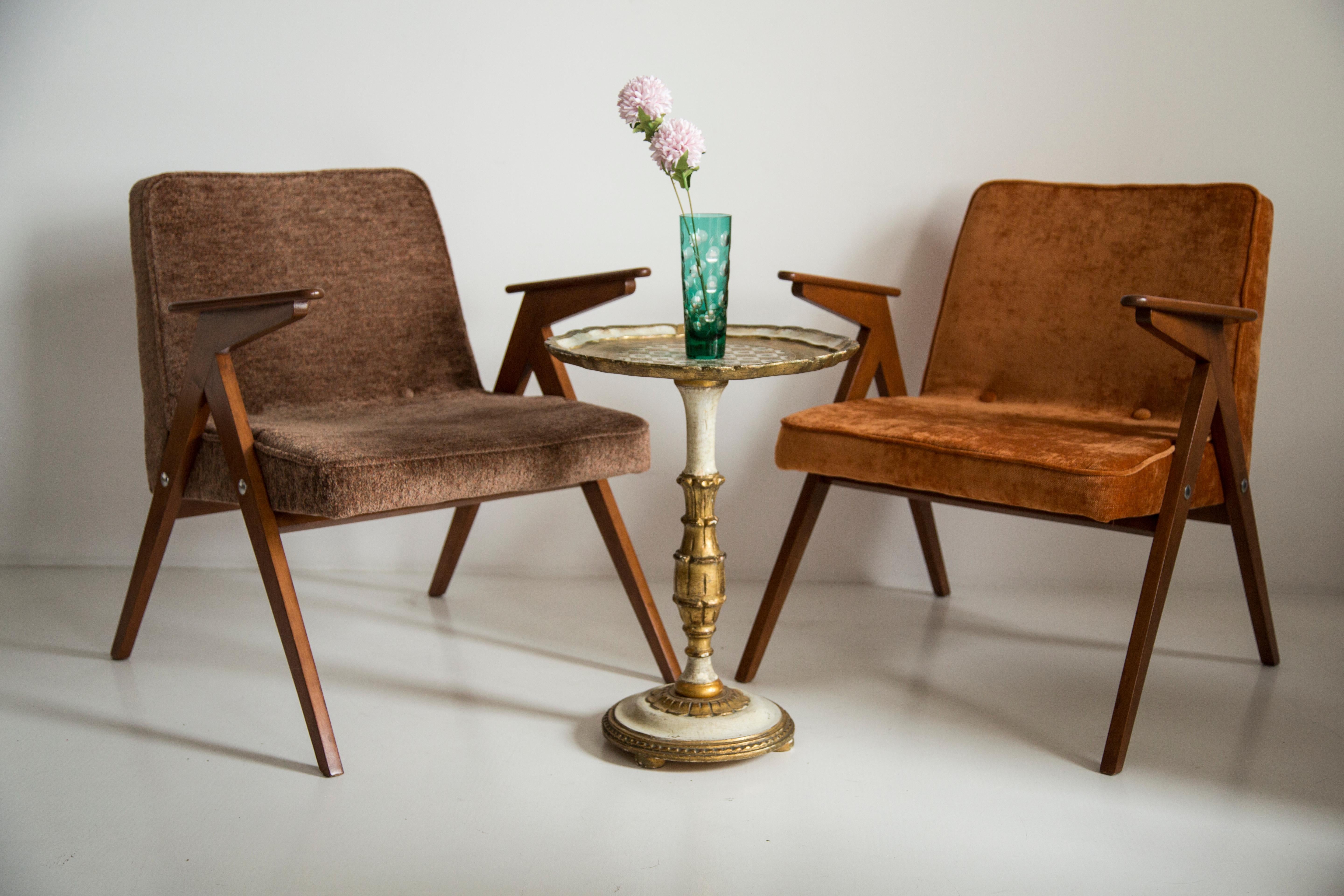 Polish Set of Two Midcentury Brown Bunny Armchairs, by Jozef Chierowski, Poland, 1960s For Sale