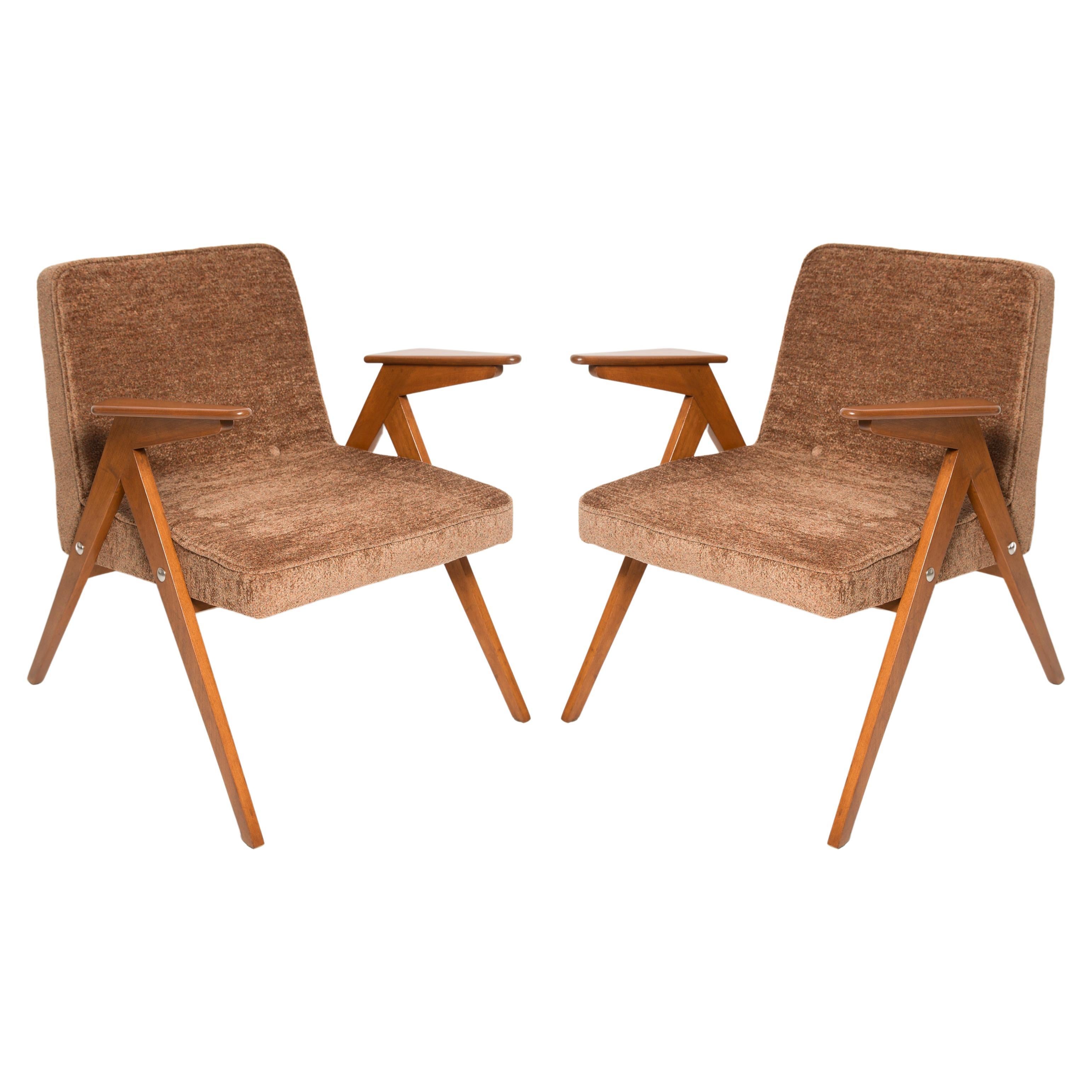 Set of Two Midcentury Brown Bunny Armchairs, by Jozef Chierowski, Poland, 1960s For Sale