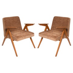 Set of Two Midcentury Brown Bunny Armchairs, by Jozef Chierowski, Poland, 1960s